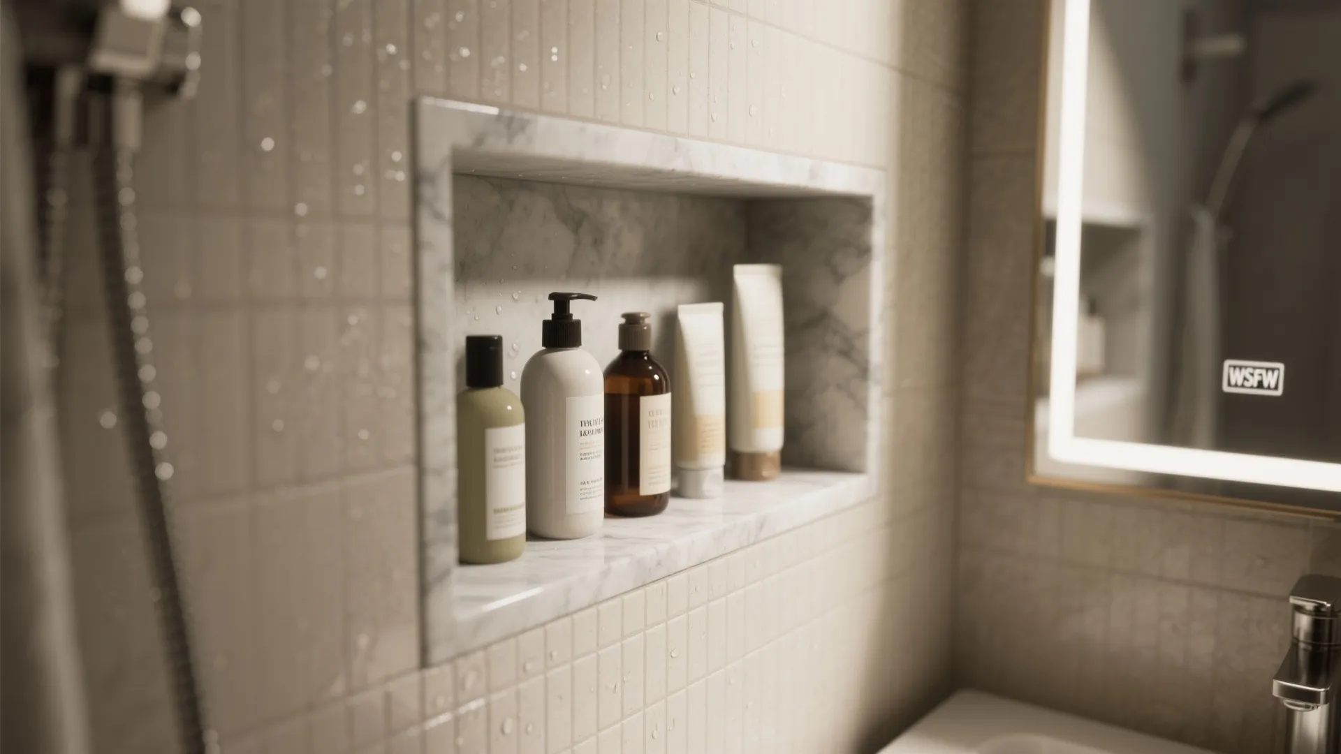 Built in marble wall shelf holding bottles and tubes next to a lighted bathroom mirror