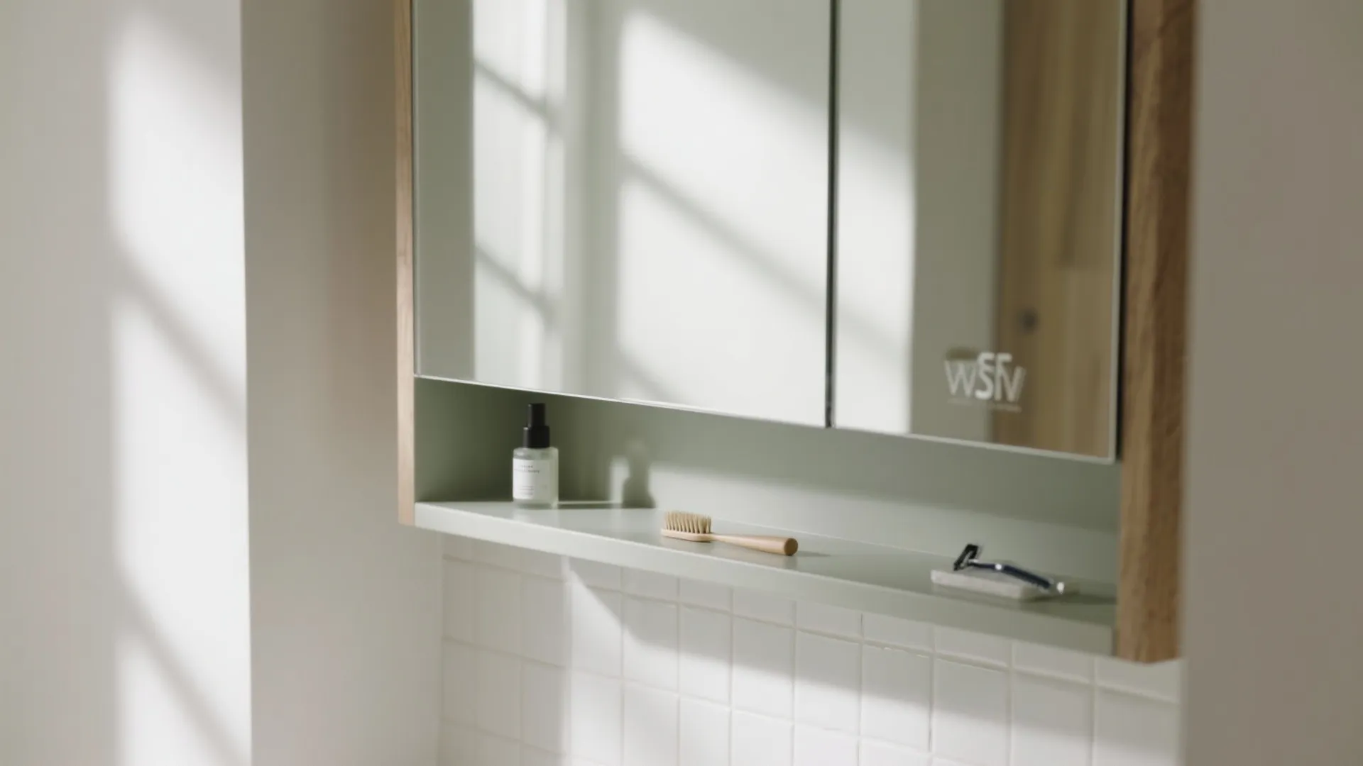 Recessed storage behind the mirror wall
