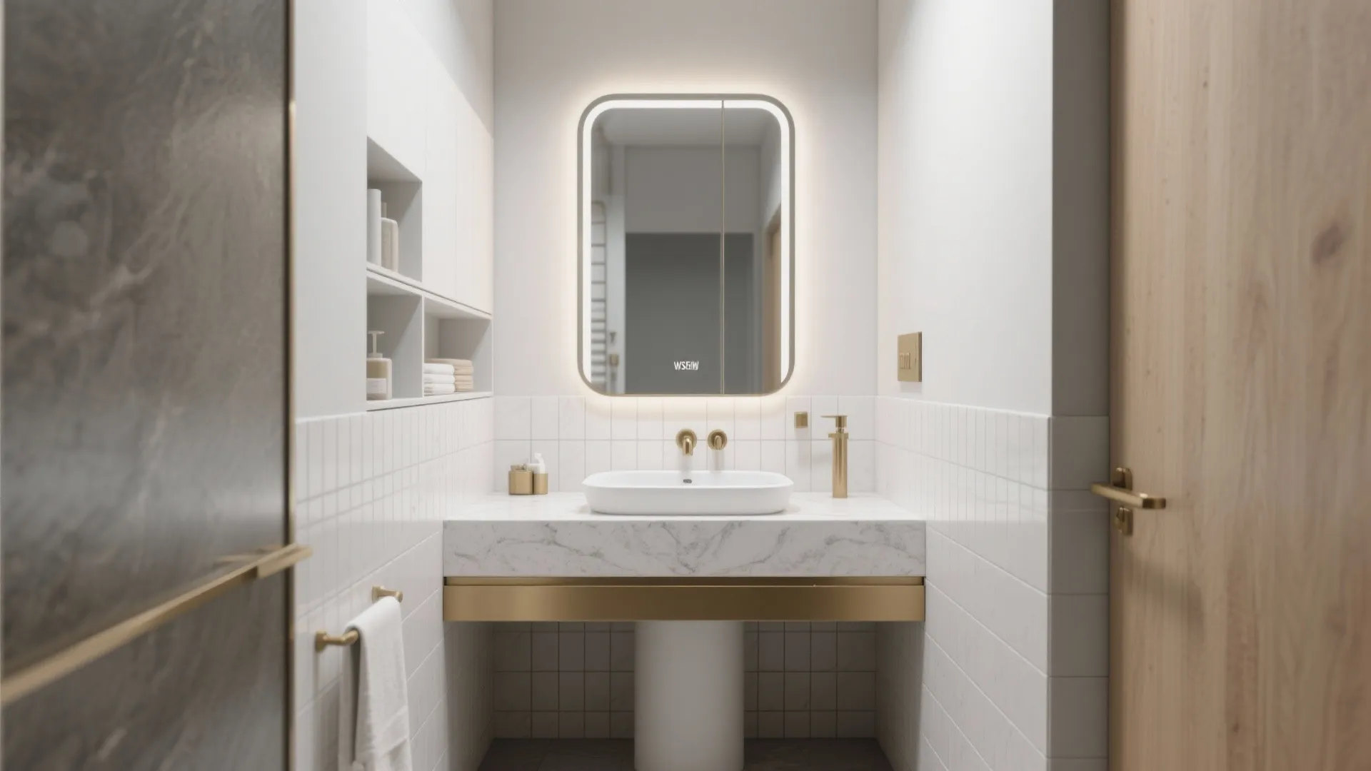 Small bathroom layout with white marble sink gold handles glowing mirror and white wall tiles