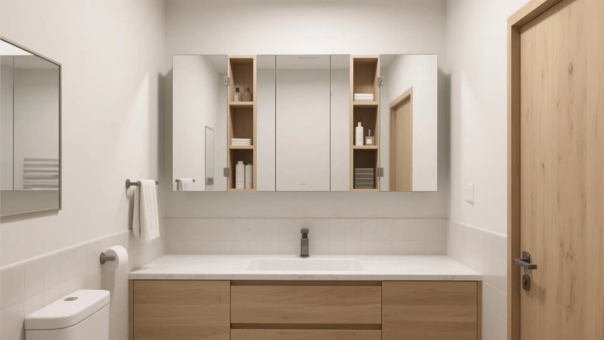 Recessed mirrored cabinet blending into the wall with organized storage inside.