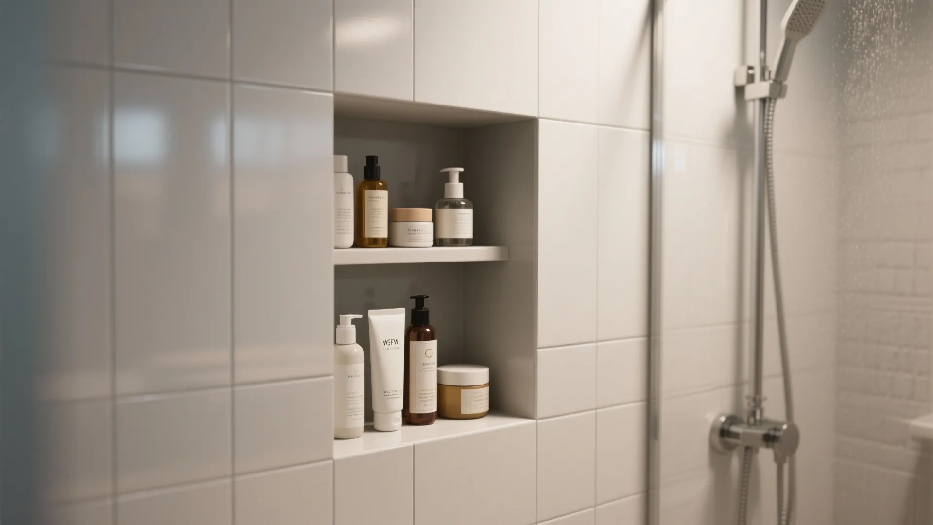 Close up of bathroom wall storage space with white tiles holding various bottles and creams