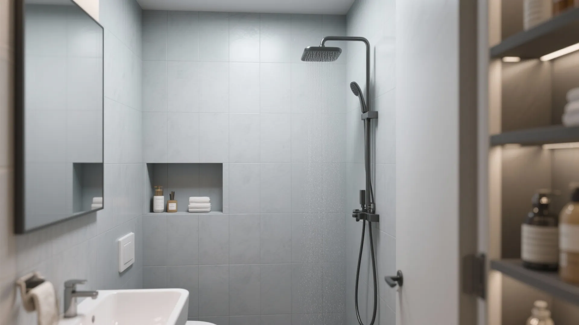 Modern shower with blue tiles black shower head wall shelf for soap and white sink
