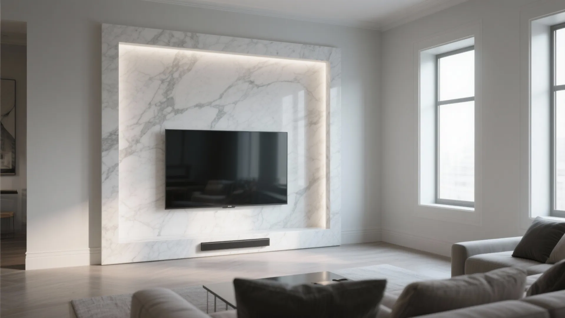 Framed Niche: Recessed TV with Marble Surround