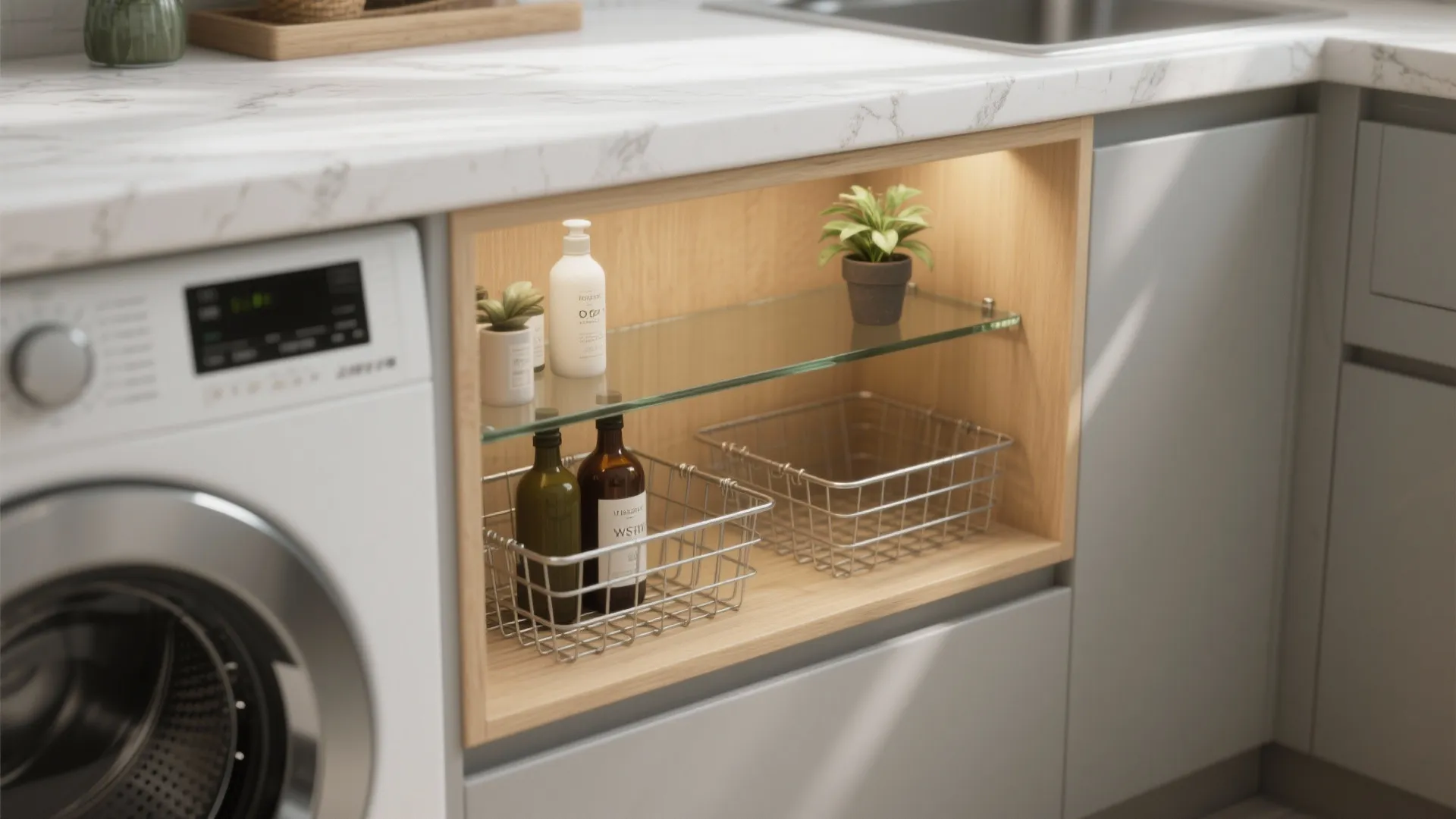 4. Recessed niche shelving under the countertop