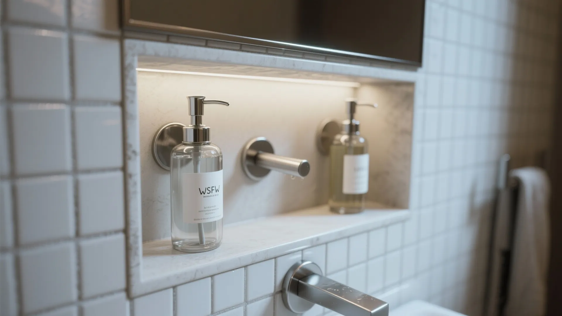 Bathroom wall storage shelf with light fixture holding clear soap bottles above a metal faucet