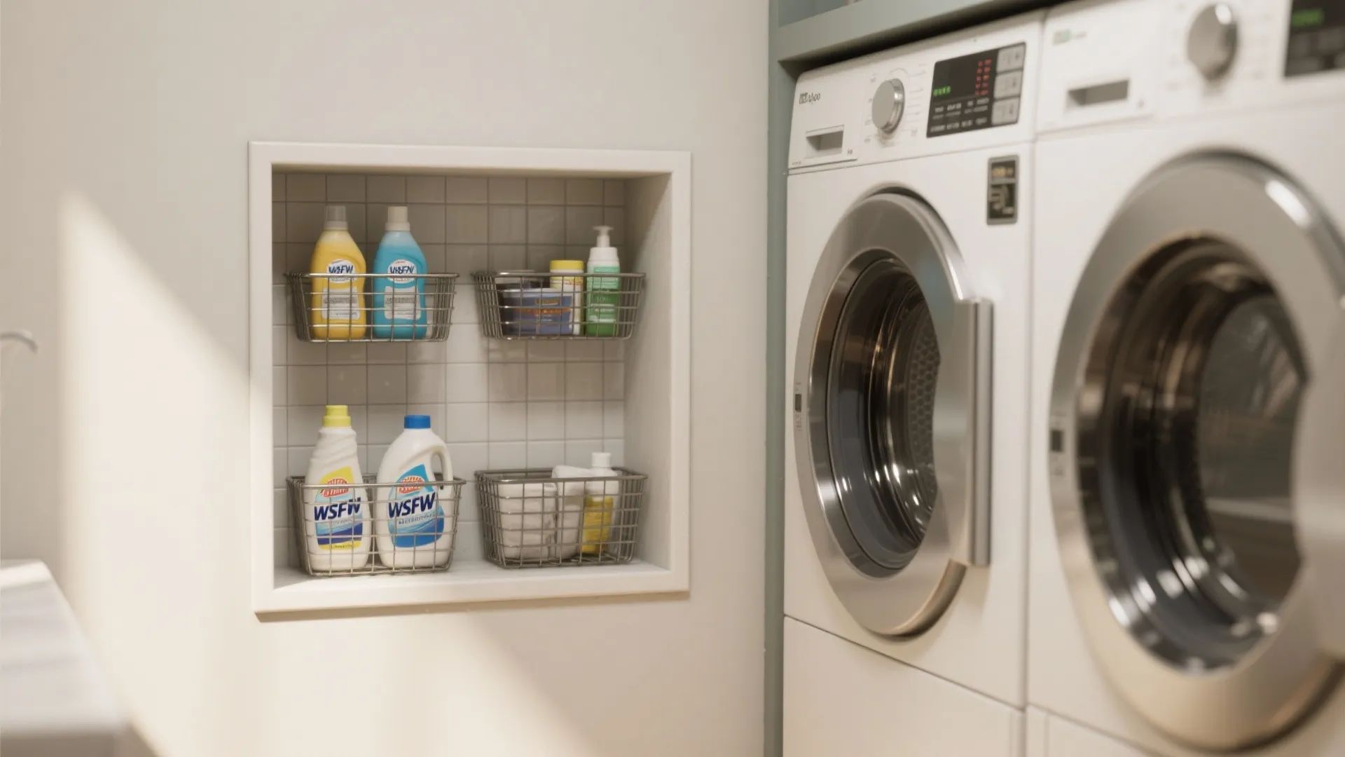 Laundry room with washing machine dryer and a white wall shelf holding bottles and baskets