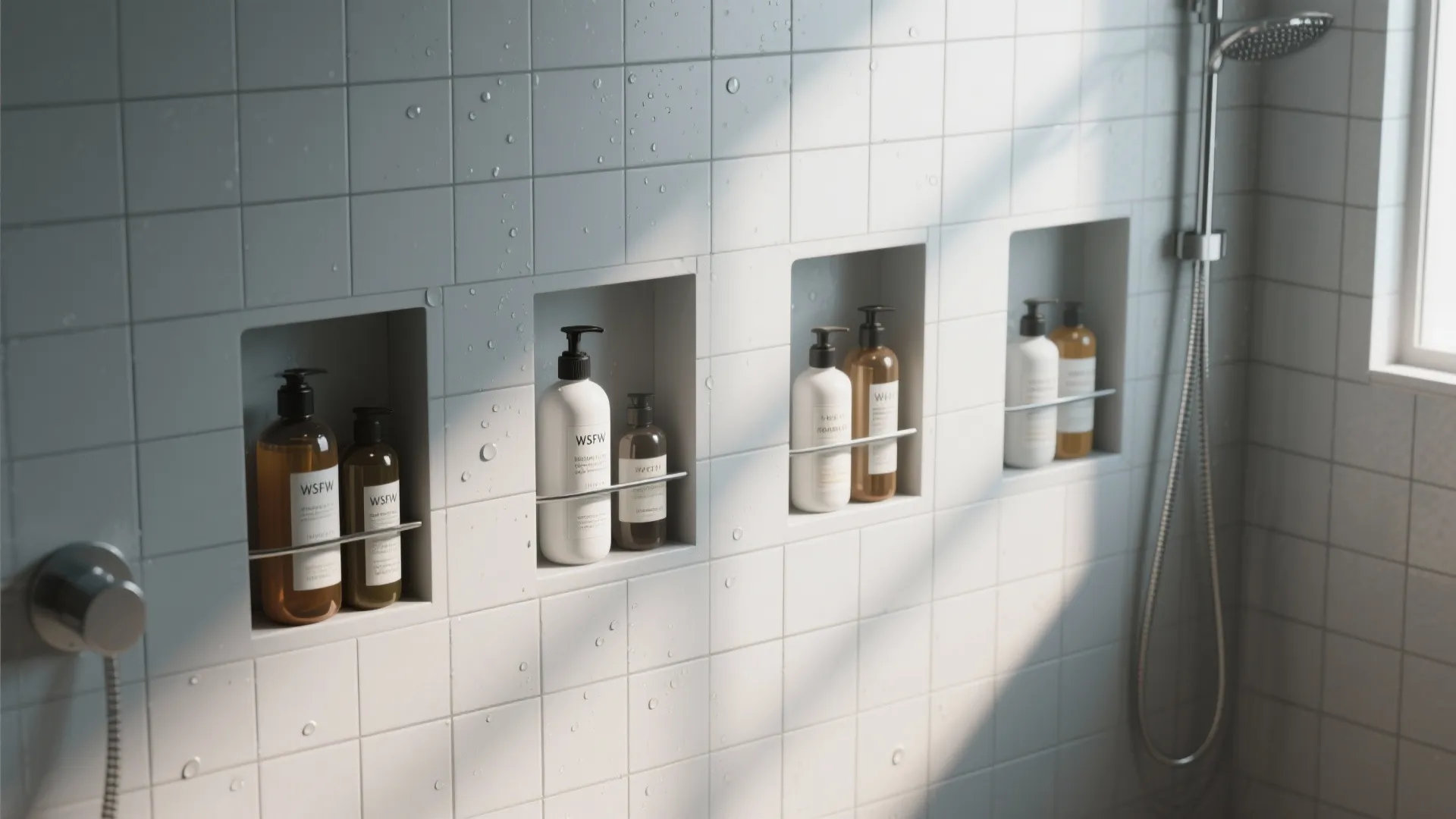 Modern white tiled bathroom wall featuring four recessed shelves with various shampoo and soap bottles