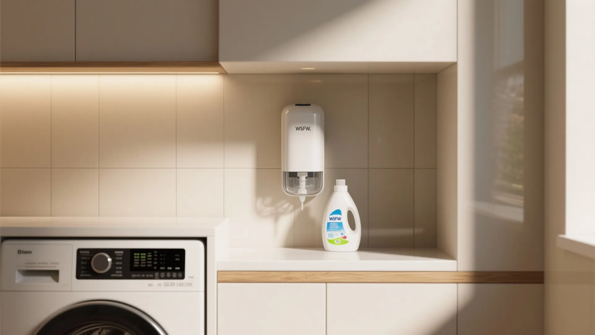 Modern laundry room with washing machine white wall soap dispenser and detergent on white counter