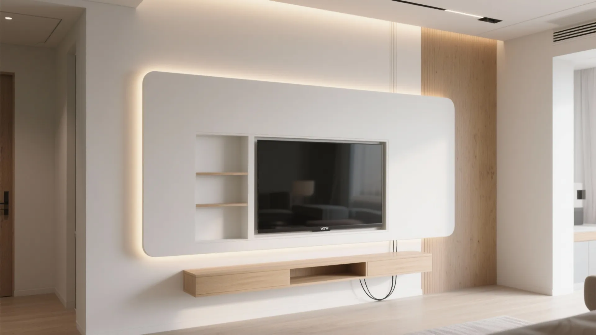 Modern television wall with back lighting features a white panel and a small wooden shelf
