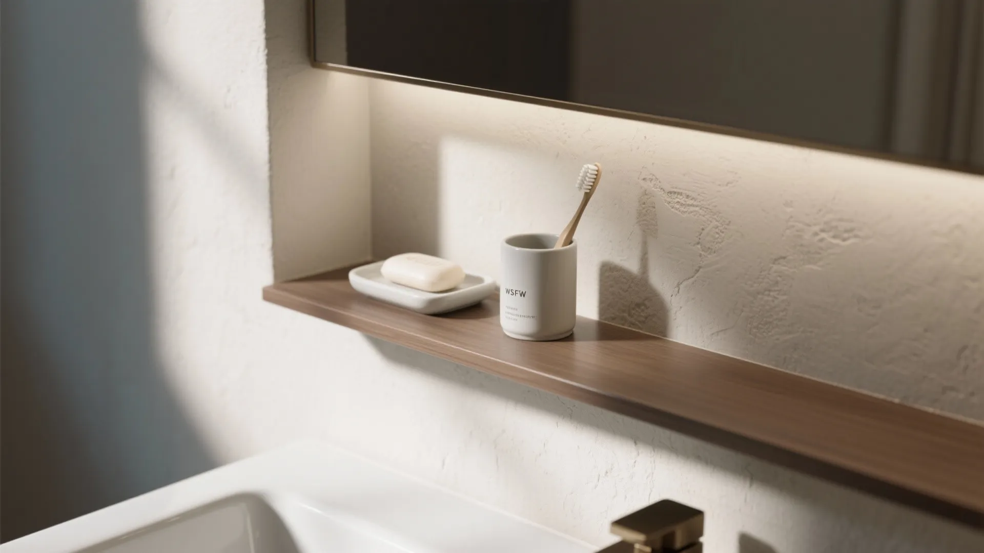 Modern bathroom wooden shelf with white soap dish soap cup and toothbrush under a mirror