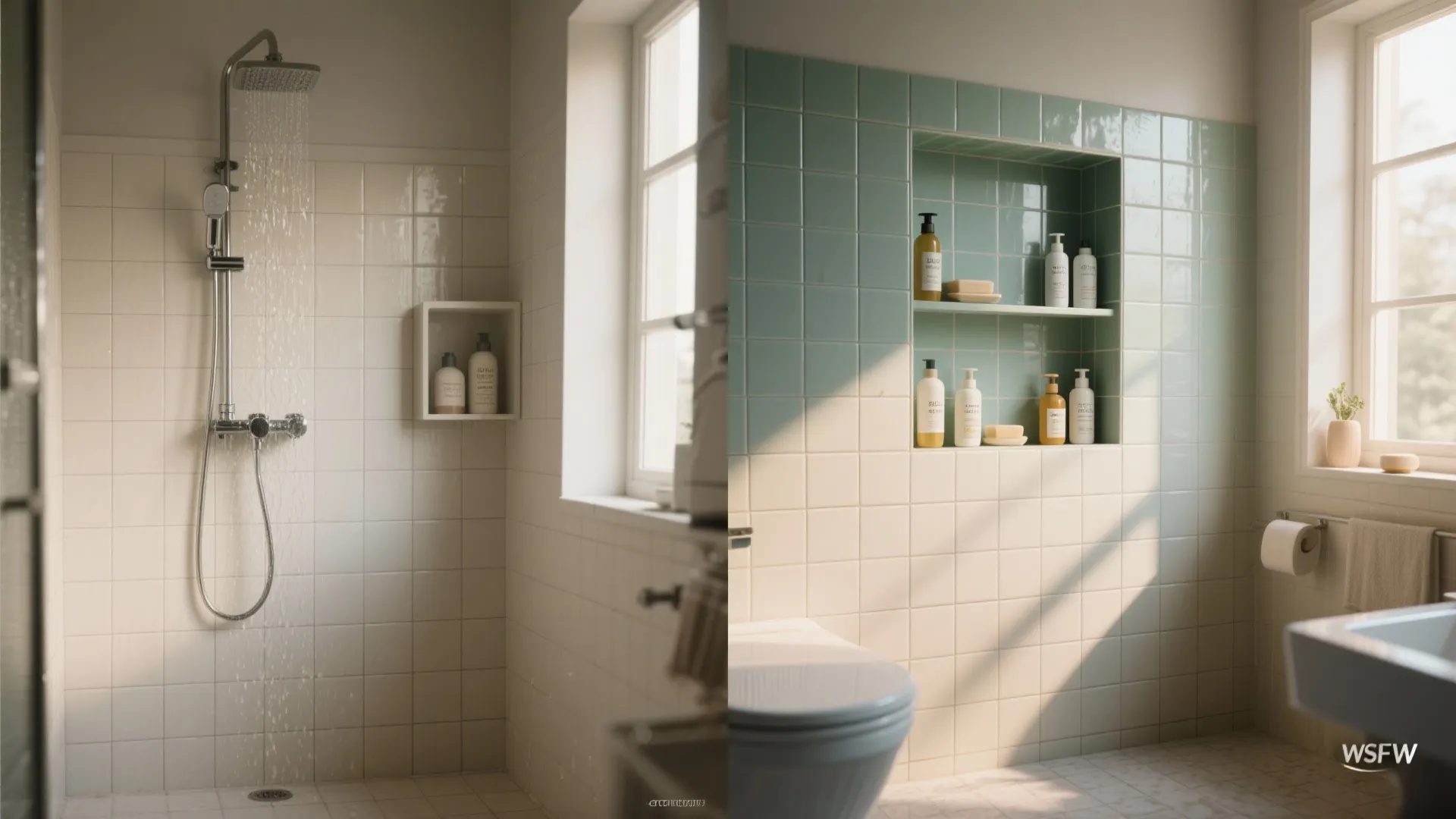 Side by side comparison of a white shower stall and bathroom wall with green tiles