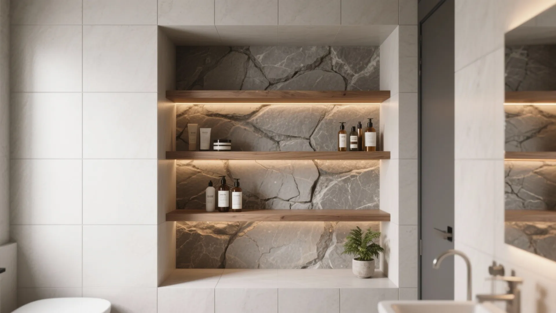 Modern bathroom wall niche with stone background, wooden shelves, warm lighting, and various toiletry bottles