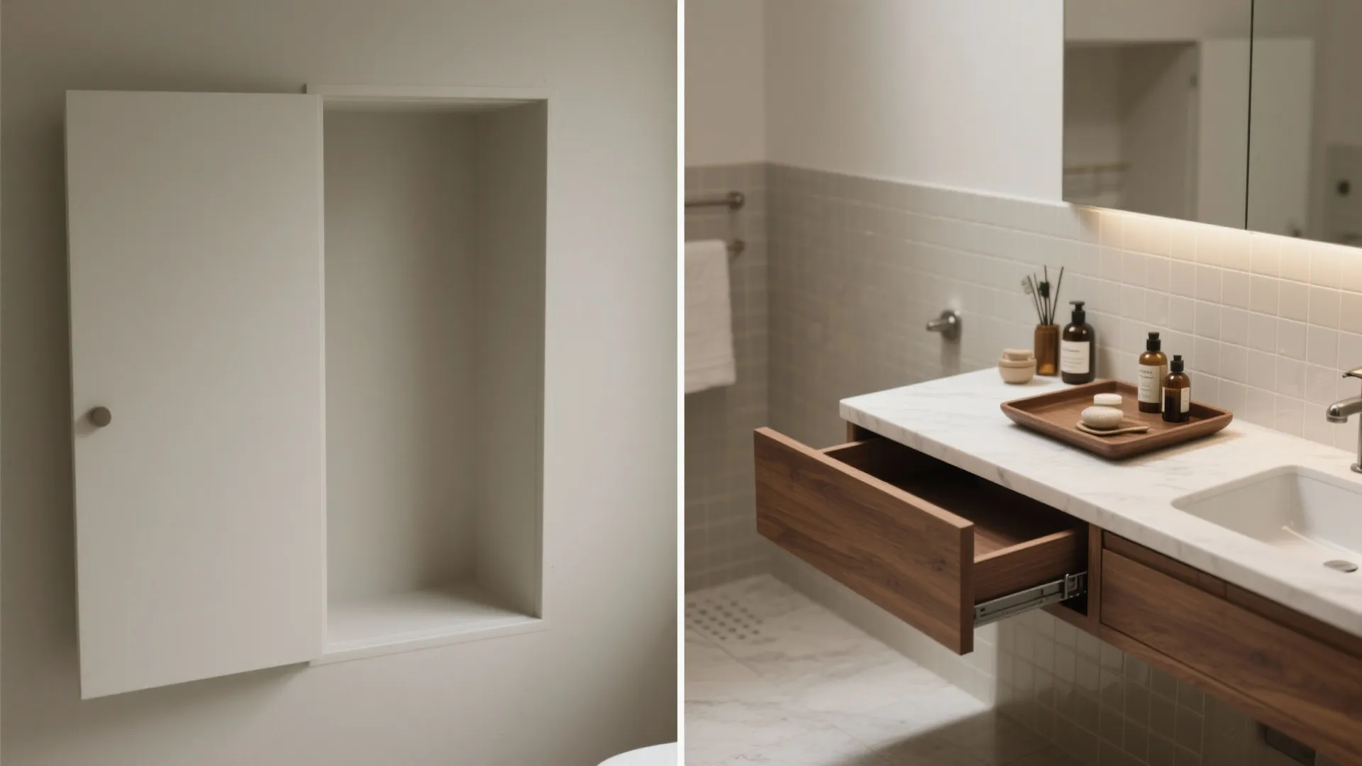 Before-and-after split view of a recessed niche with a pull-out tray extended and closed flush.