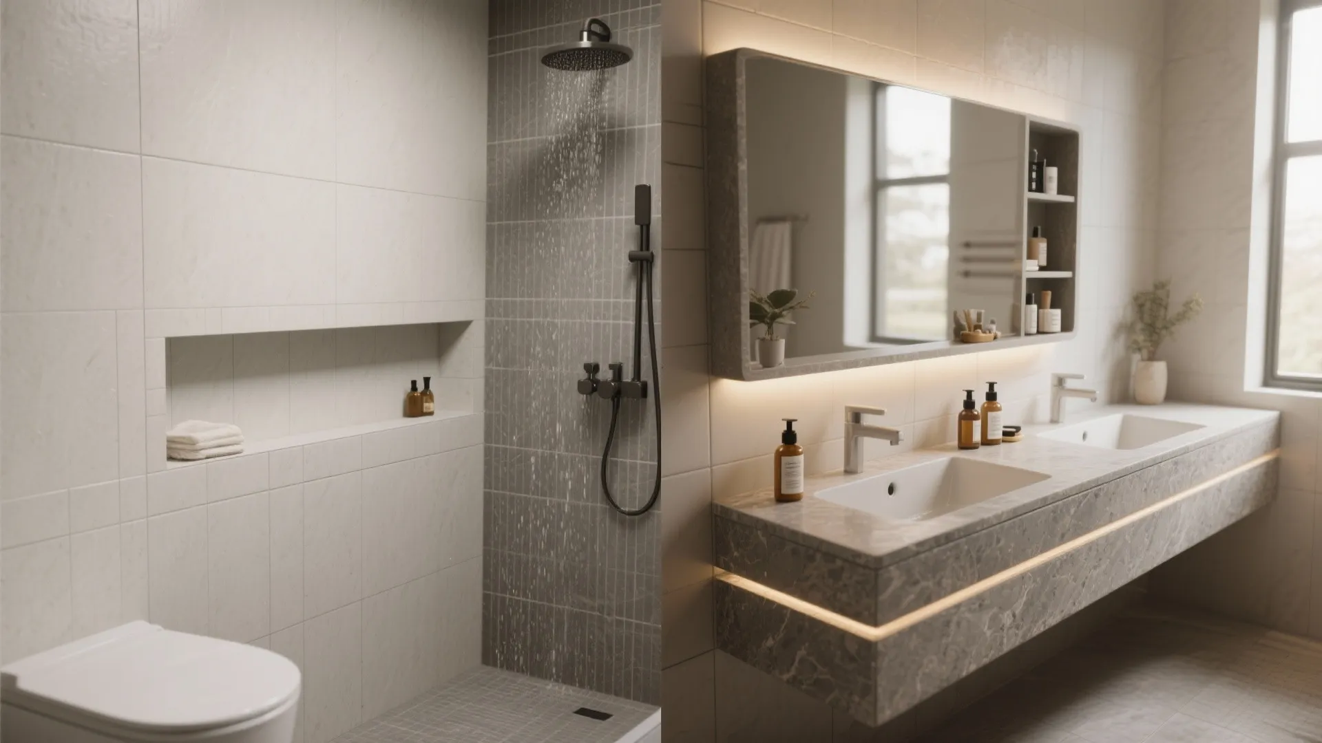 Before-and-after of a shower wall: plain wall transformed into a waterproof recessed niche used as a built-in small table for toiletries.