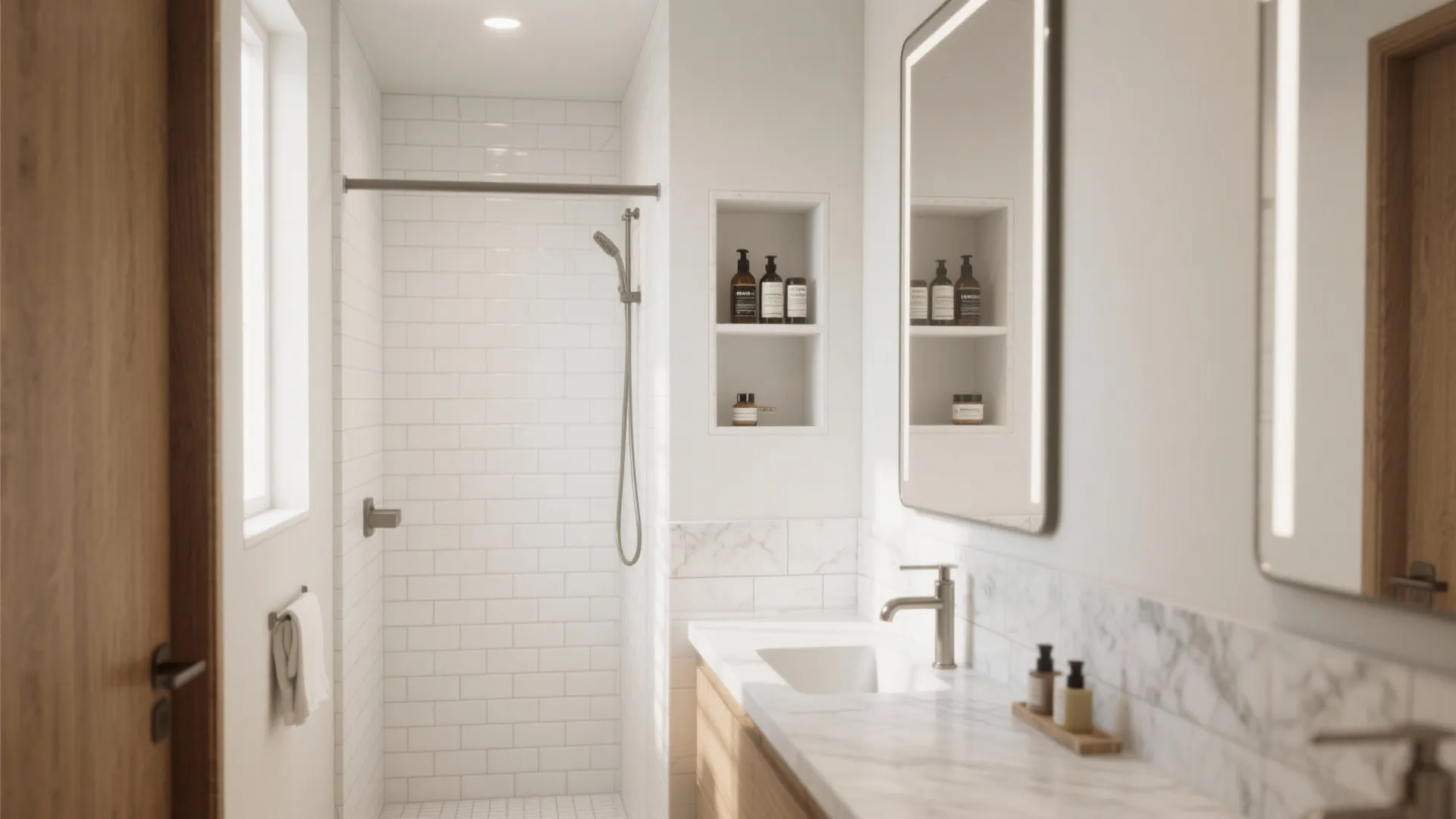 Shower with a tiled recessed niche and a built-in shelf by the mirror, seamless with white tile and light oak accents.