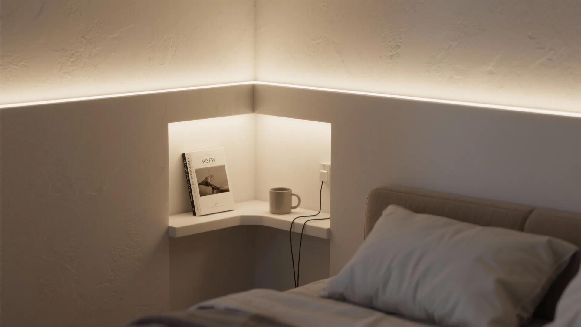 3. Recessed bedside niche with mini shelf