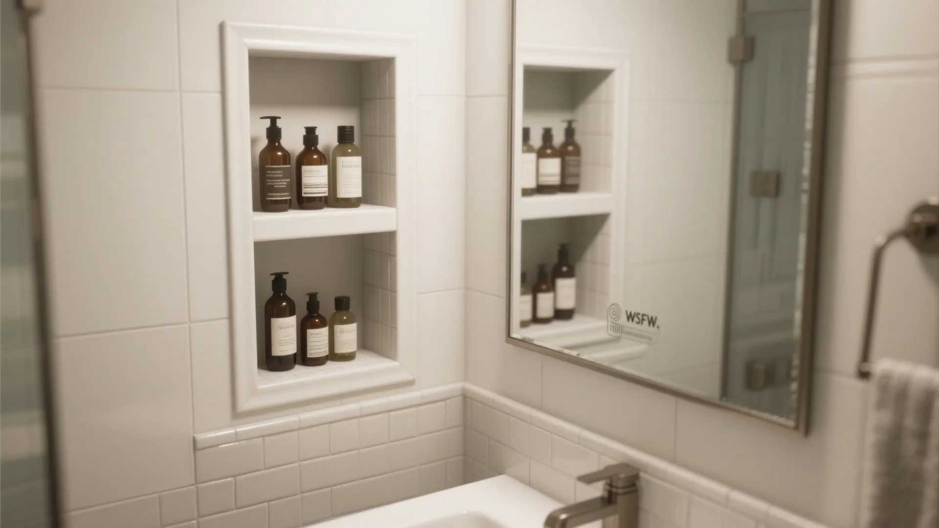 Built in white wall shelves holding brown soap bottles next to a large bathroom mirror