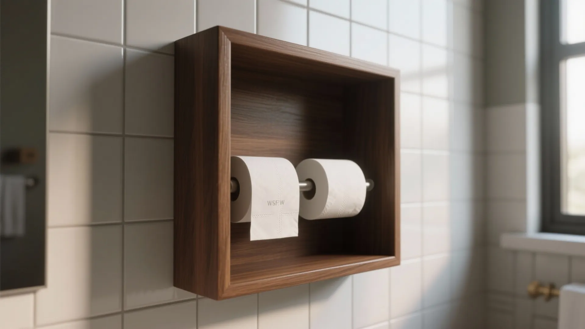 Recessed niche toilet paper holder with warm wood trim and spare rolls inside a tiled small bathroom niche.