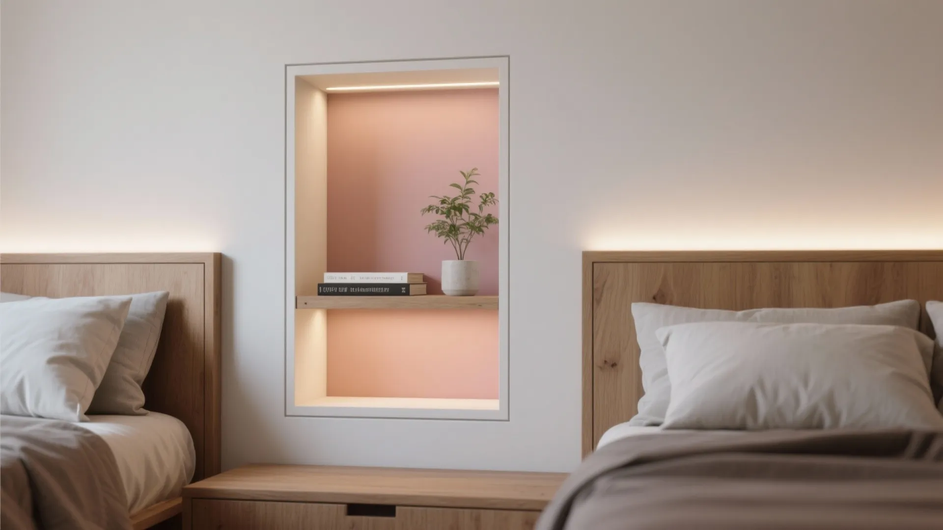 Modern bedroom featuring a pink wall niche with shelf holding a plant and several books
