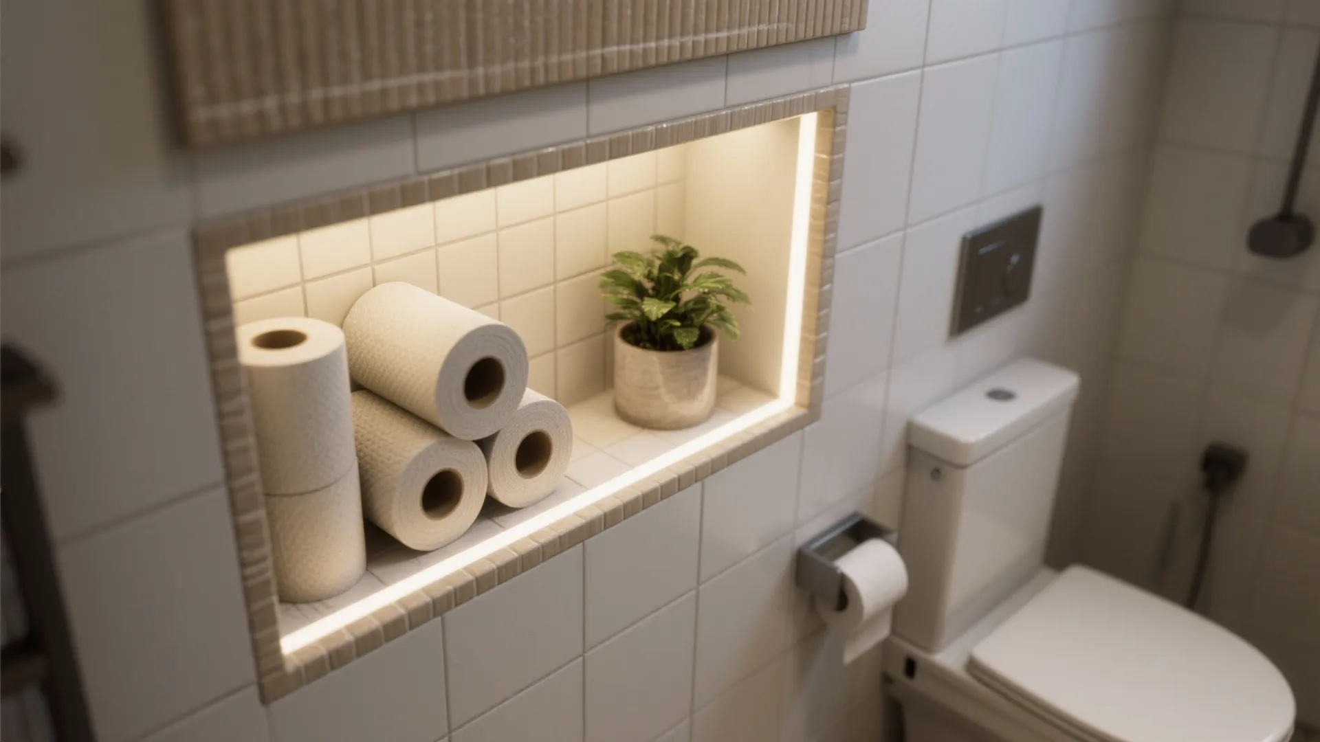 Wall shelf with warm light fixture holding toilet paper rolls and small green potted plant