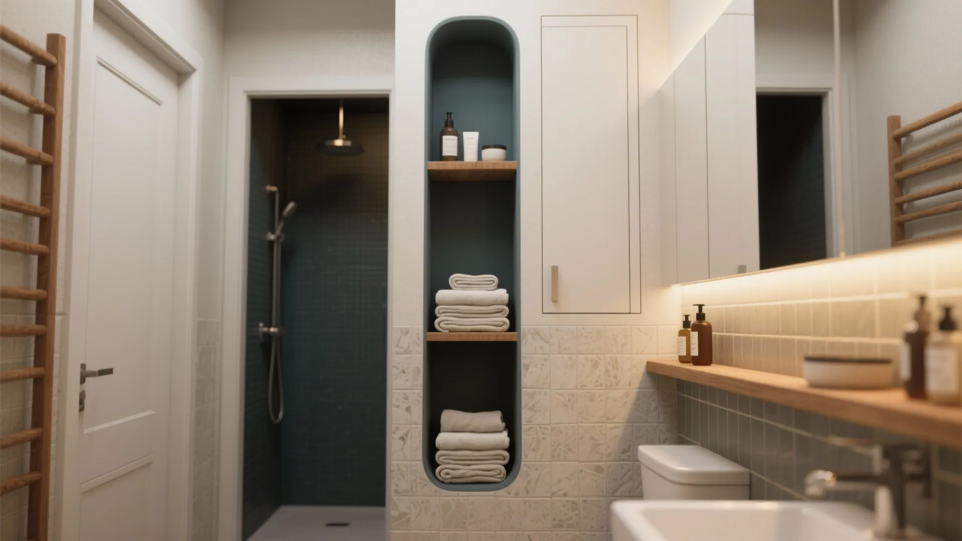 Recessed shower niche and vertical slim storage with folded towels and warm wood accents in a compact bathroom.