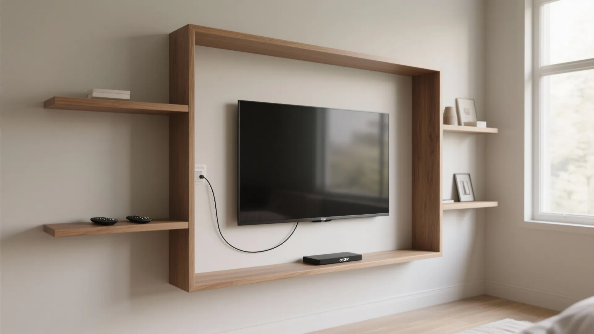 Modern wood television wall shelf with black flat screen tv and minimalist floating display shelves