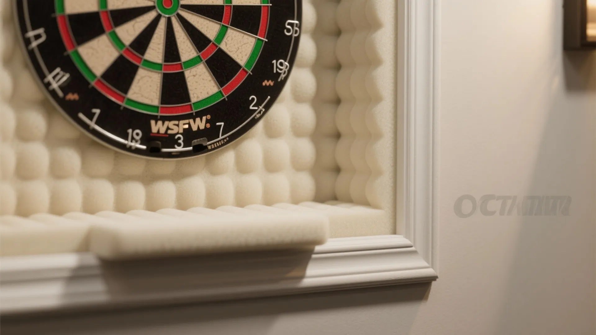 Dartboard mounted inside a white wall frame with protective soft foam padding for indoor games