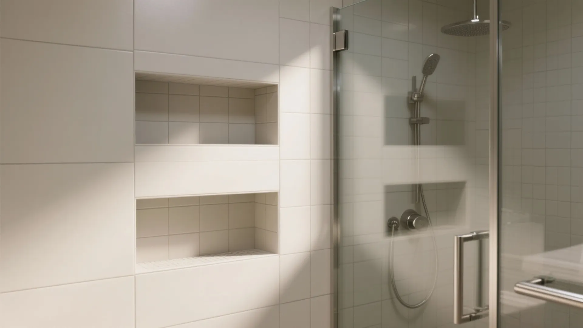 Minimalist white tiled shower wall with built-in wall storage shelves and glass door with handle