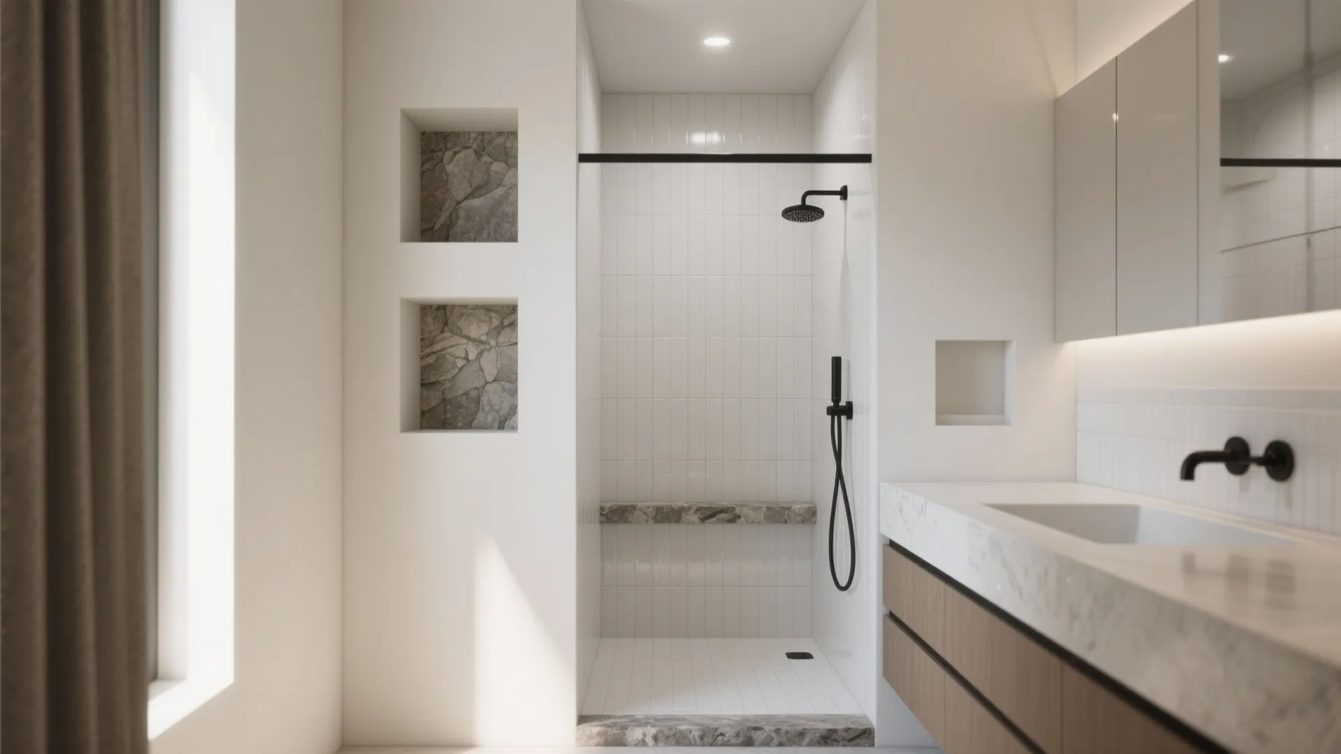 Modern white bathroom featuring walk-in shower with stone niches marble vanity and sleek black faucet