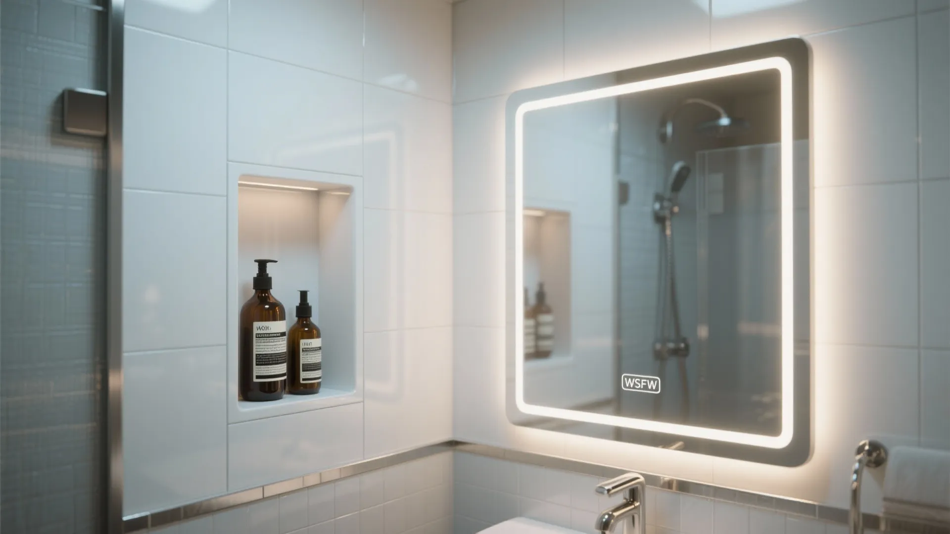 Modern bathroom detail with lighted square mirror white wall tiles and recessed wall storage shelf