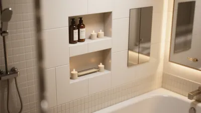 Serene Bathroom Design with Built-In Shelves & Warm Lighting