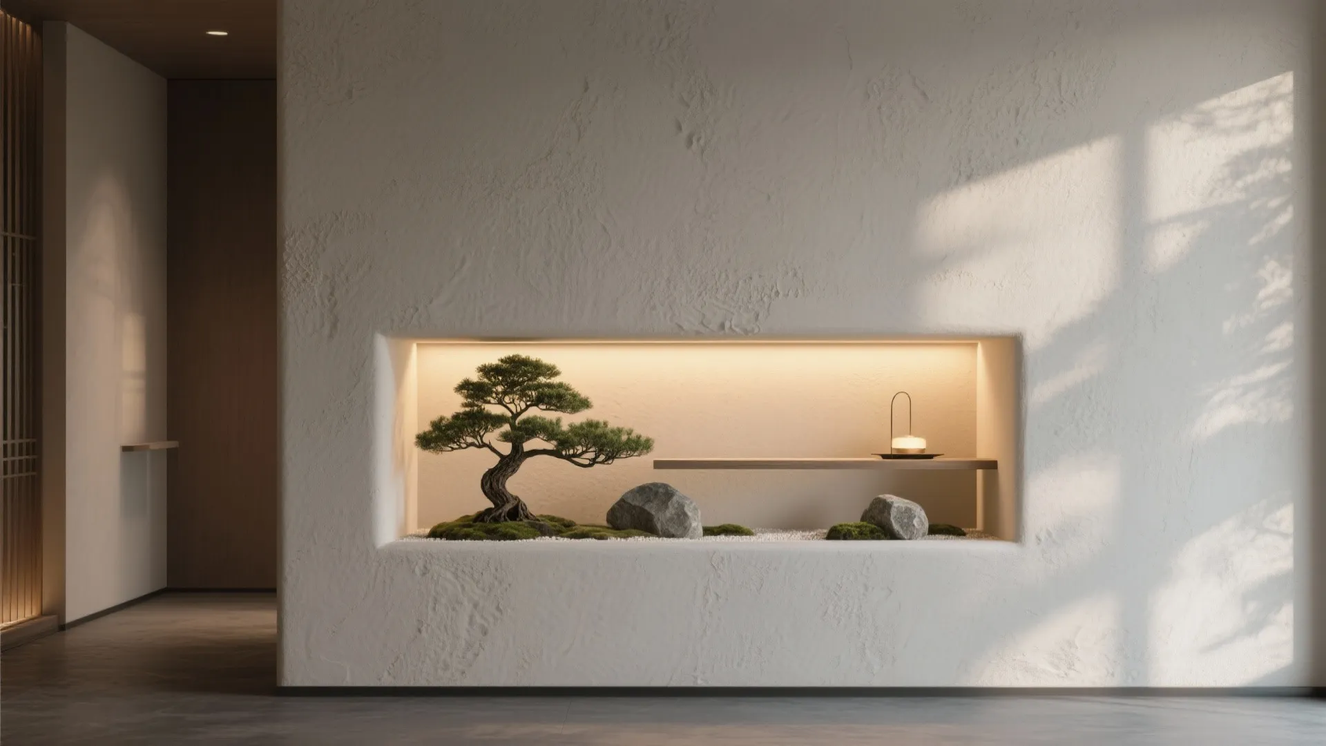 Recessed niche with a warm accent light highlighting a bonsai and stone.