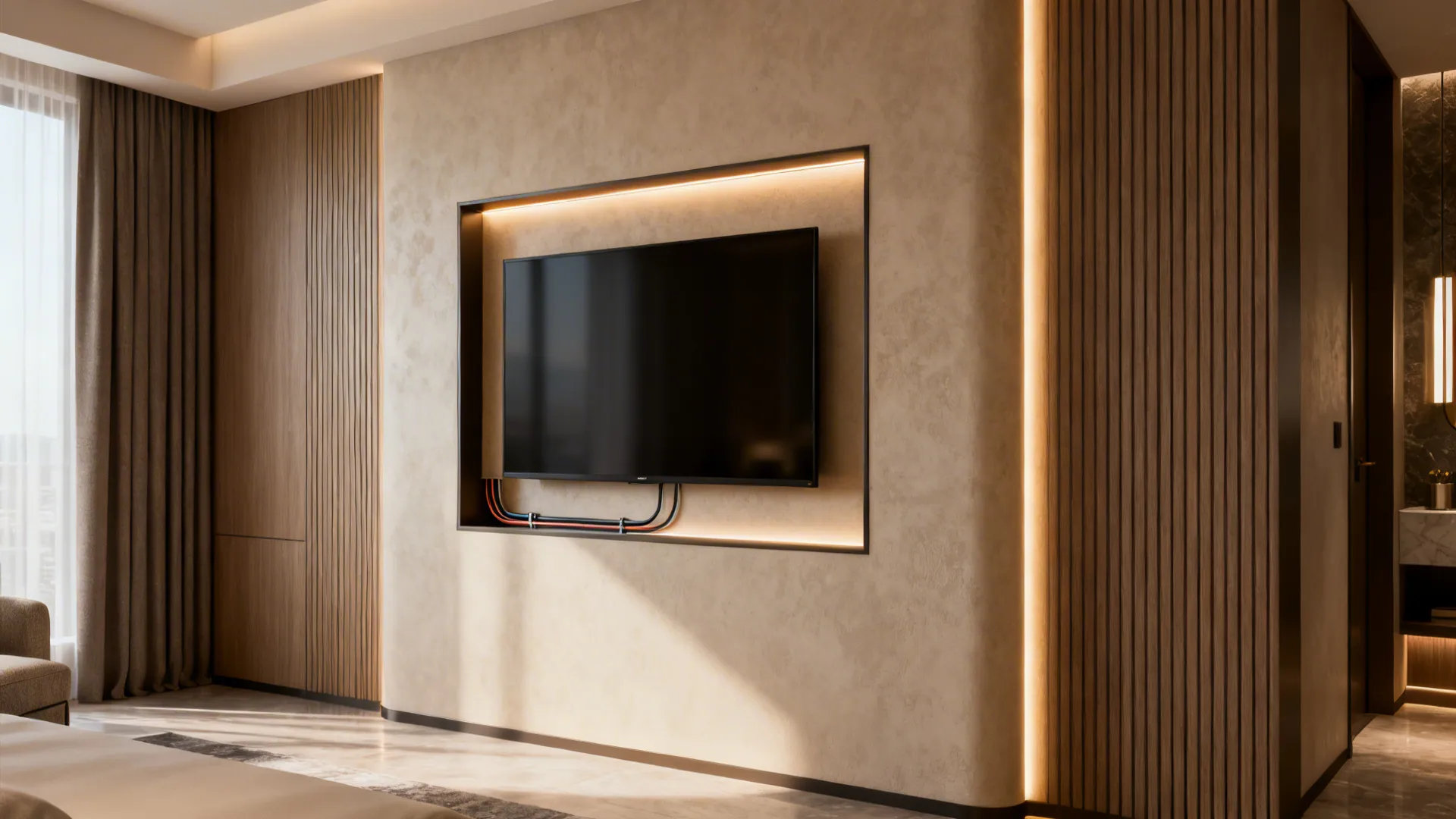 TV mounted in a recessed niche with LED backlighting for a built-in, streamlined look.