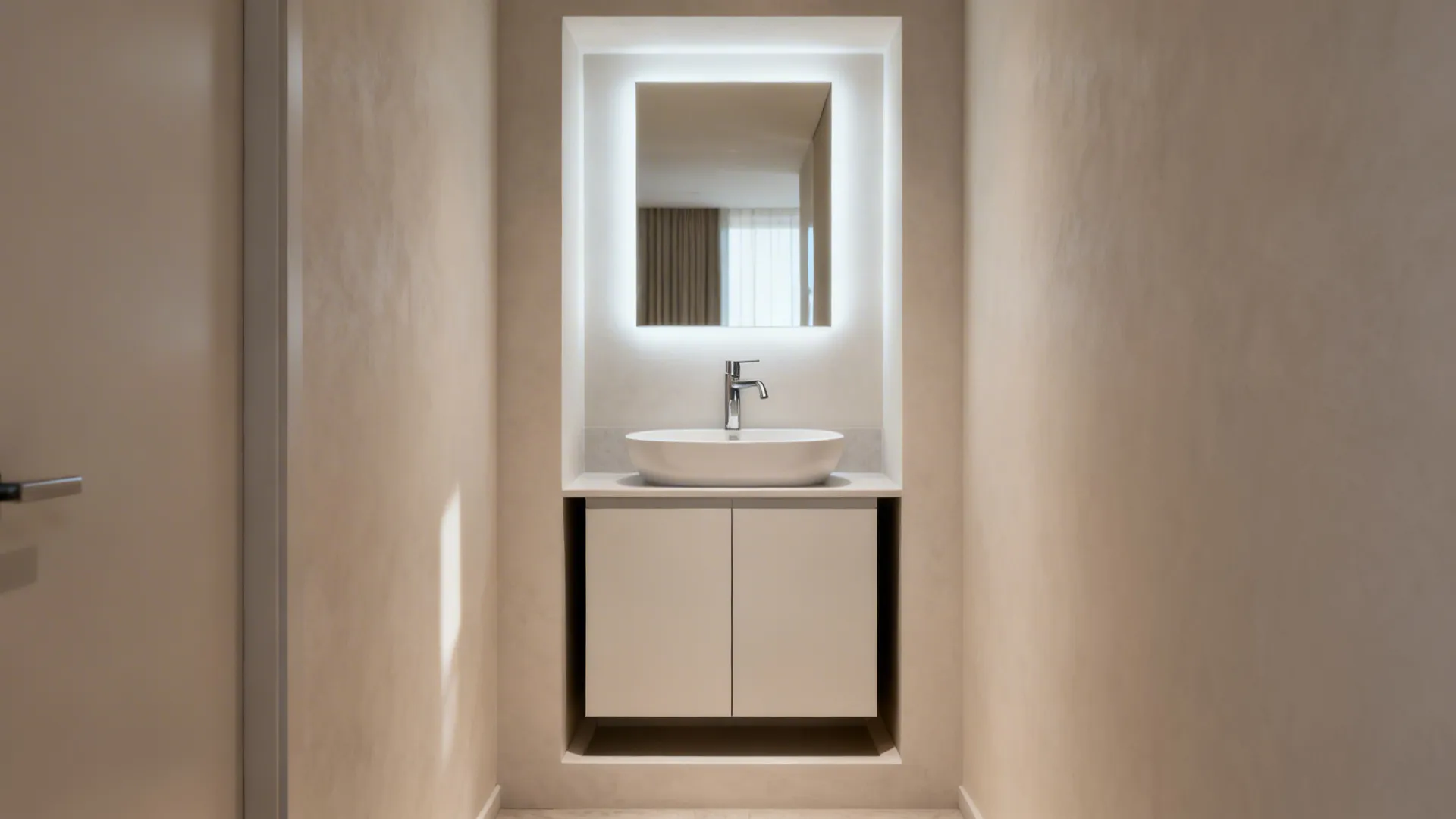 Recessed niche with semi-recessed basin and LED backlit mirror in a corridor.