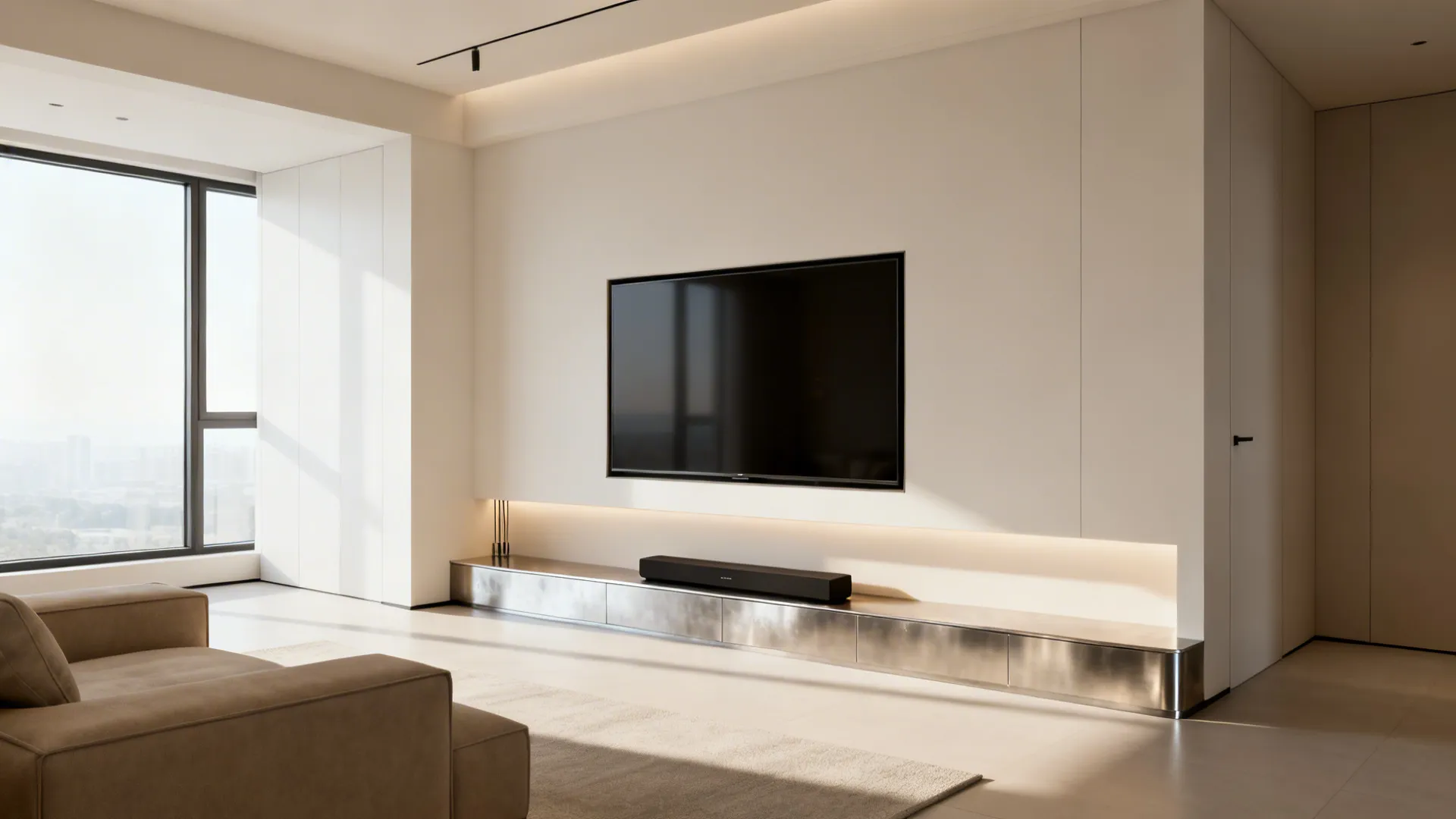 Feature wall with an integrated recessed niche holding a flush-mounted TV and soundbar