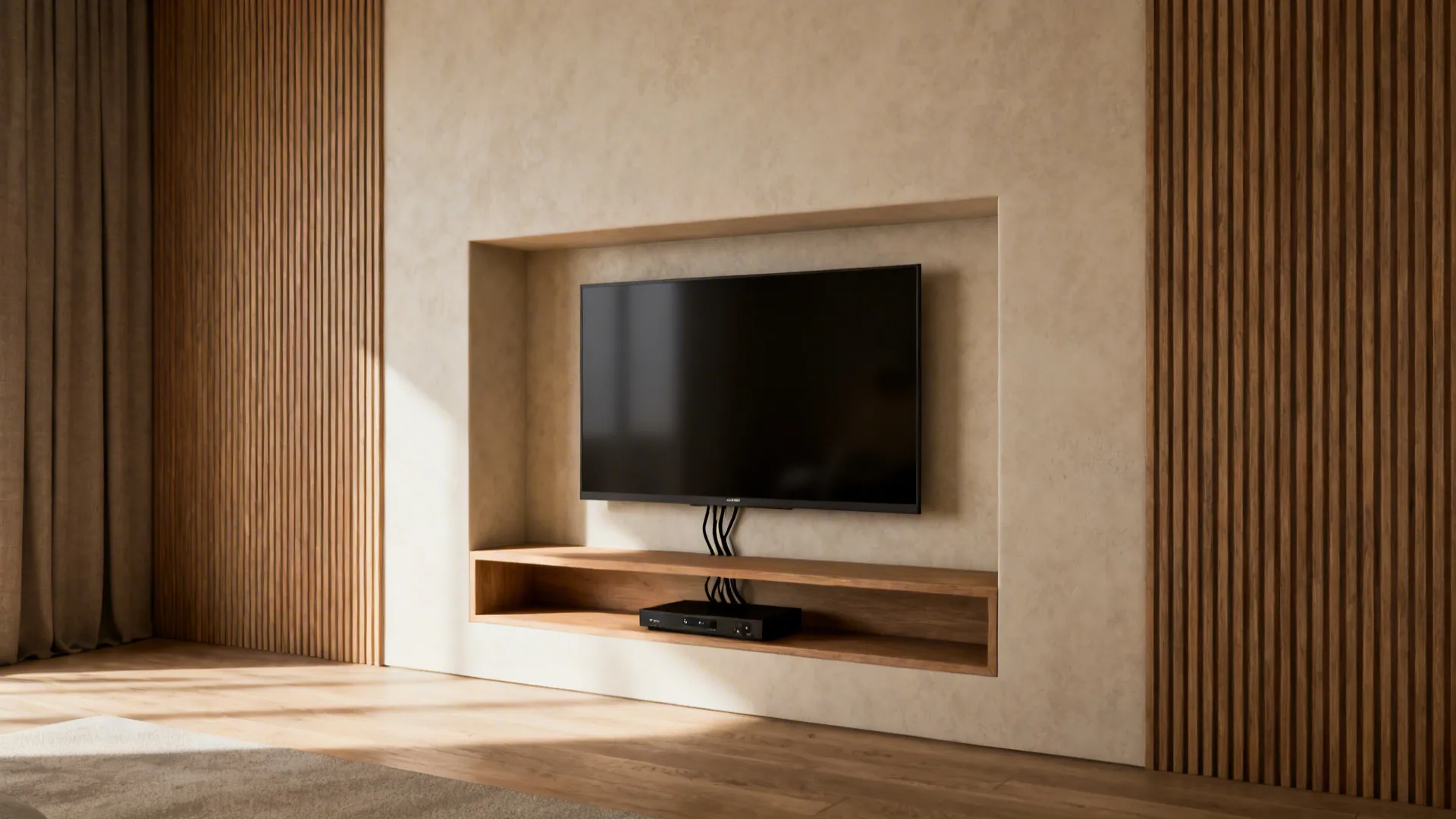 Shallow recessed niche with a flush-mounted TV and open shelf for AV equipment.