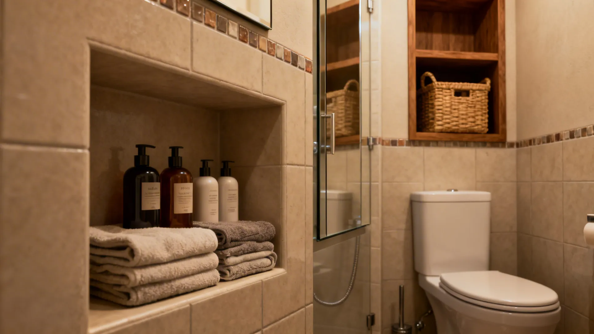 Recessed shower niche and recessed medicine cabinet with vertical shelving above toilet in a small bathroom.