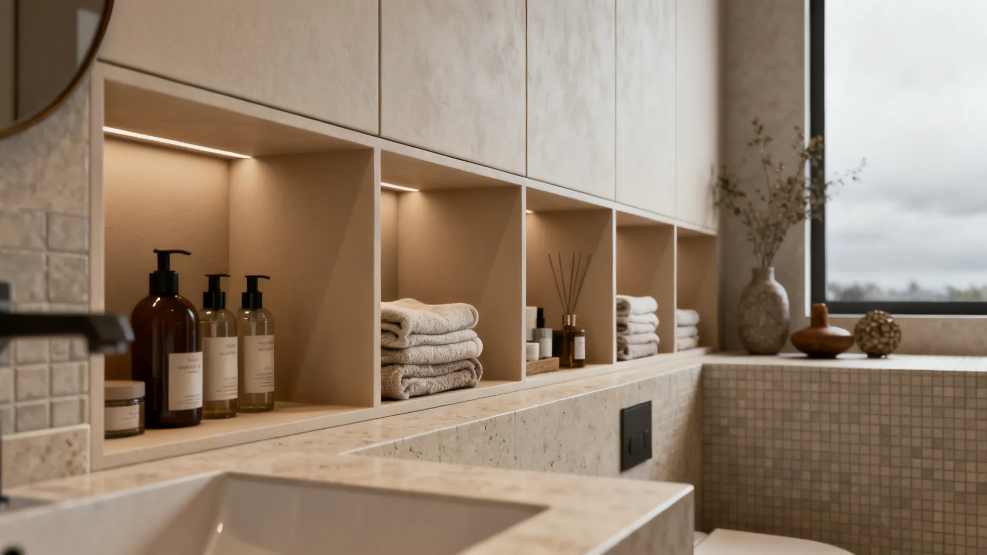 Built-in recessed shelving niche above a bathroom vanity with painted backs and storage