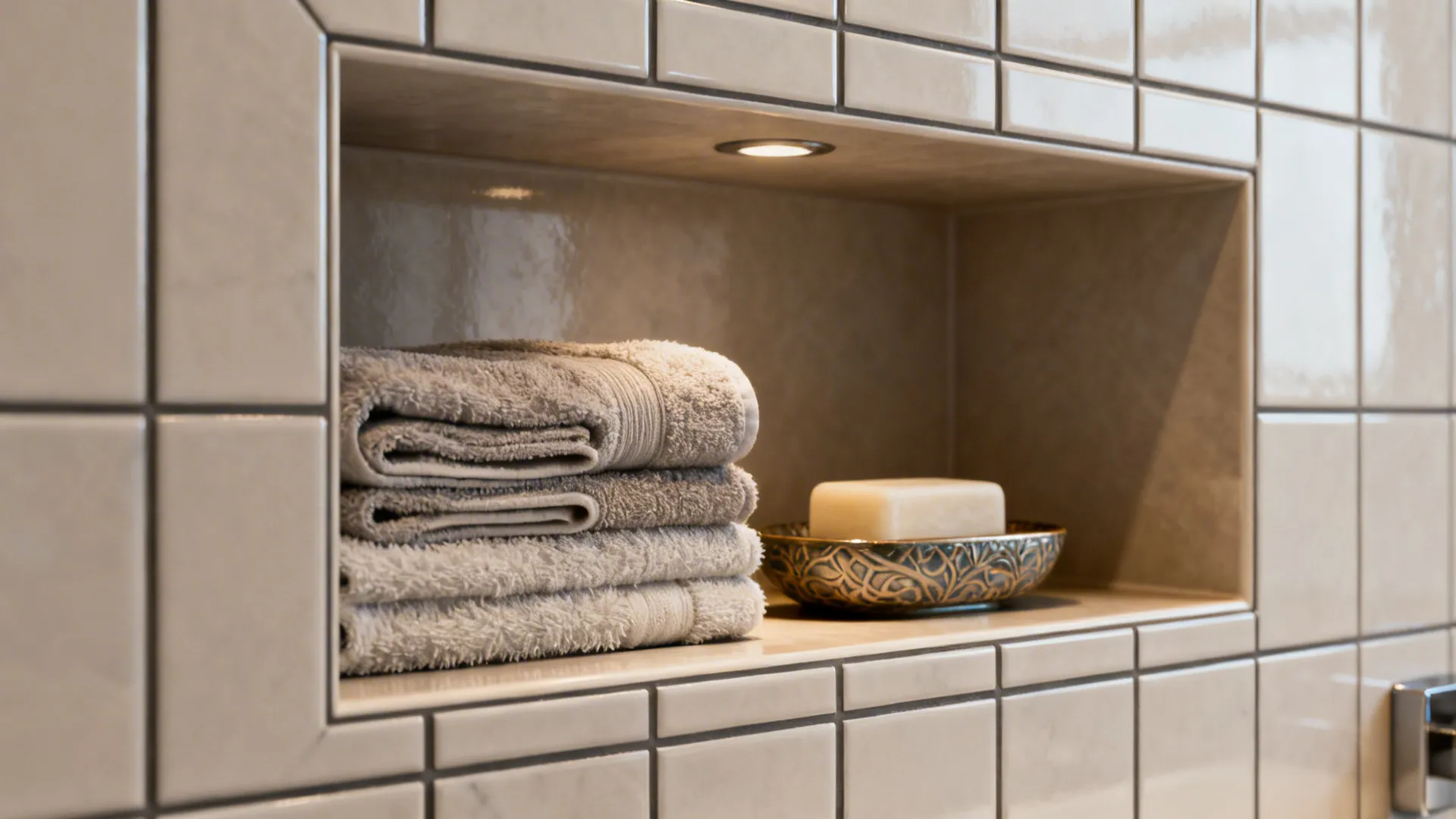 Tiled recessed wall niche with neatly folded towels and a soap dish.