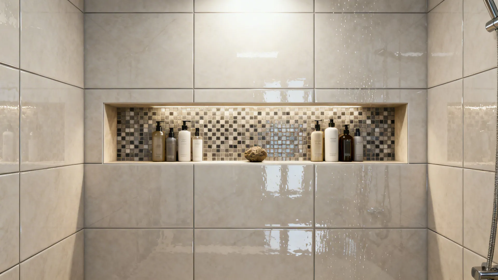 Shower wall with a recessed mosaic-tiled niche holding toiletries.