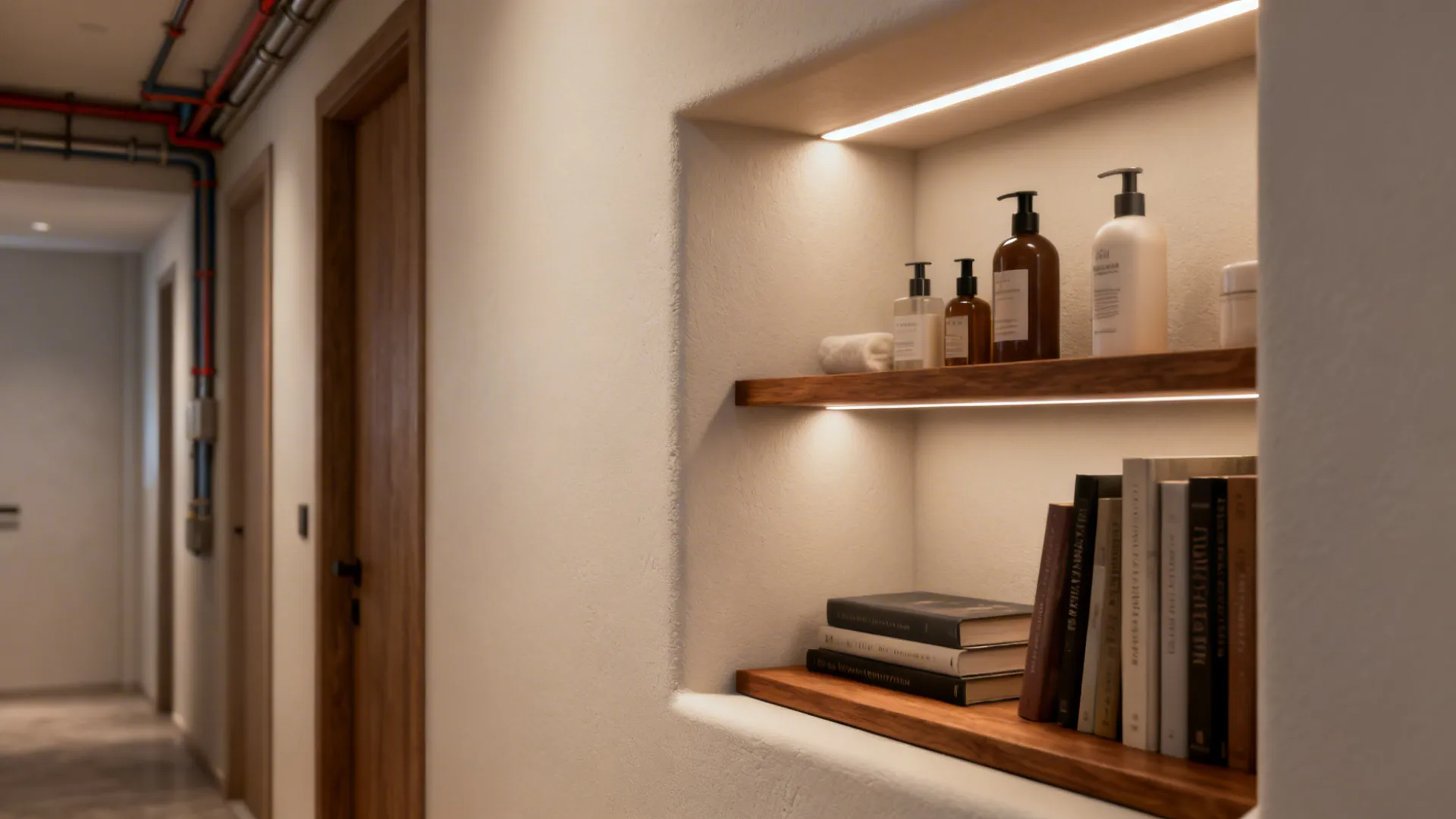 A seamless recessed niche in a hallway with custom shelves and integrated lighting.