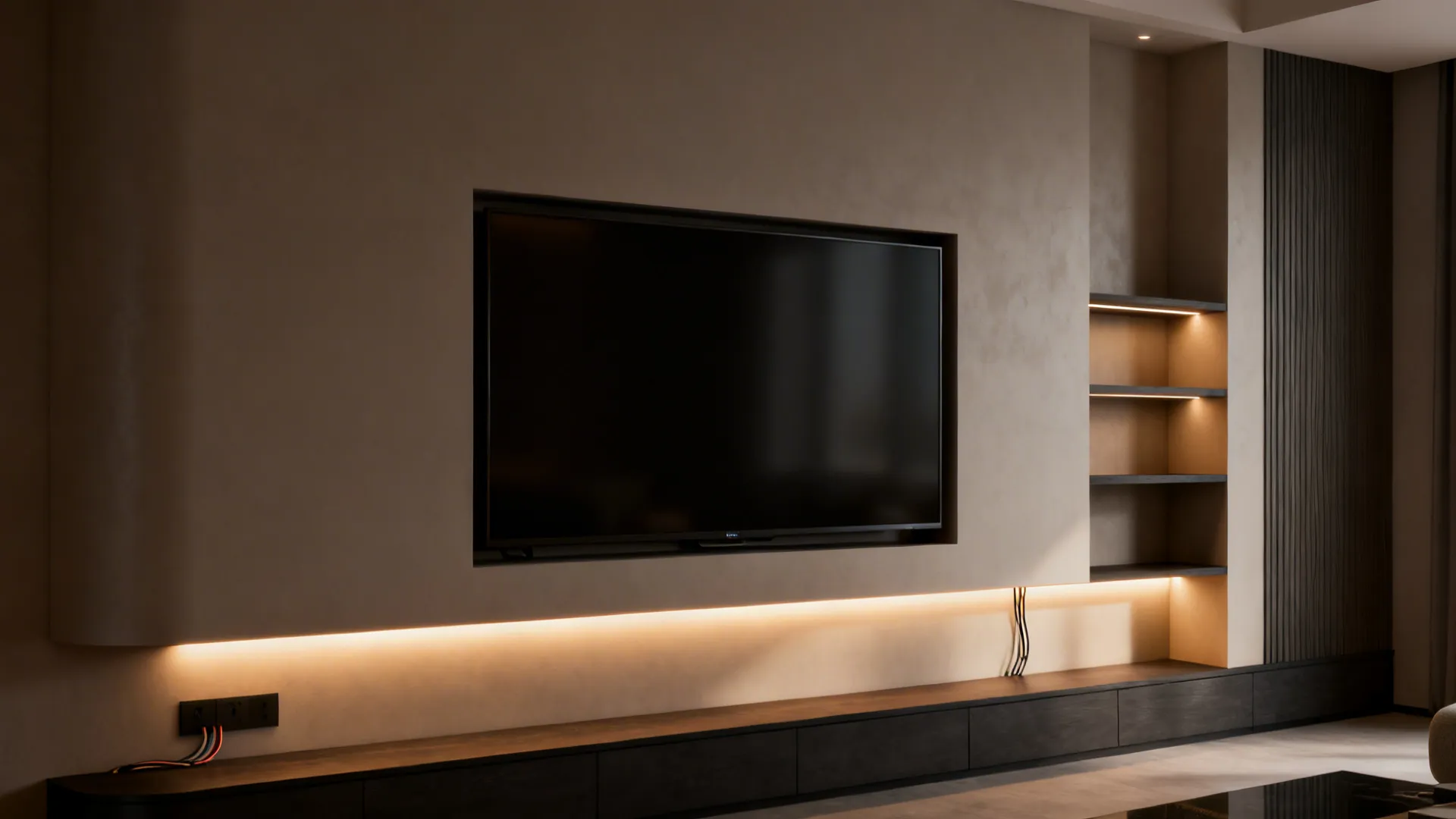 Recessed TV niche with integrated LED backlighting and concealed wiring