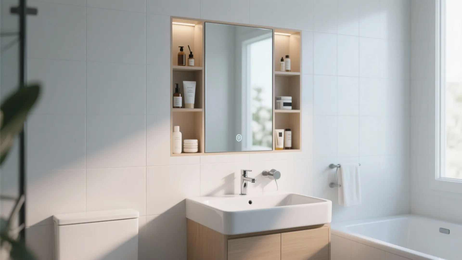 Bathroom vanity area with white sink, wooden cabinet, recessed wall shelves with mirror, and bottles