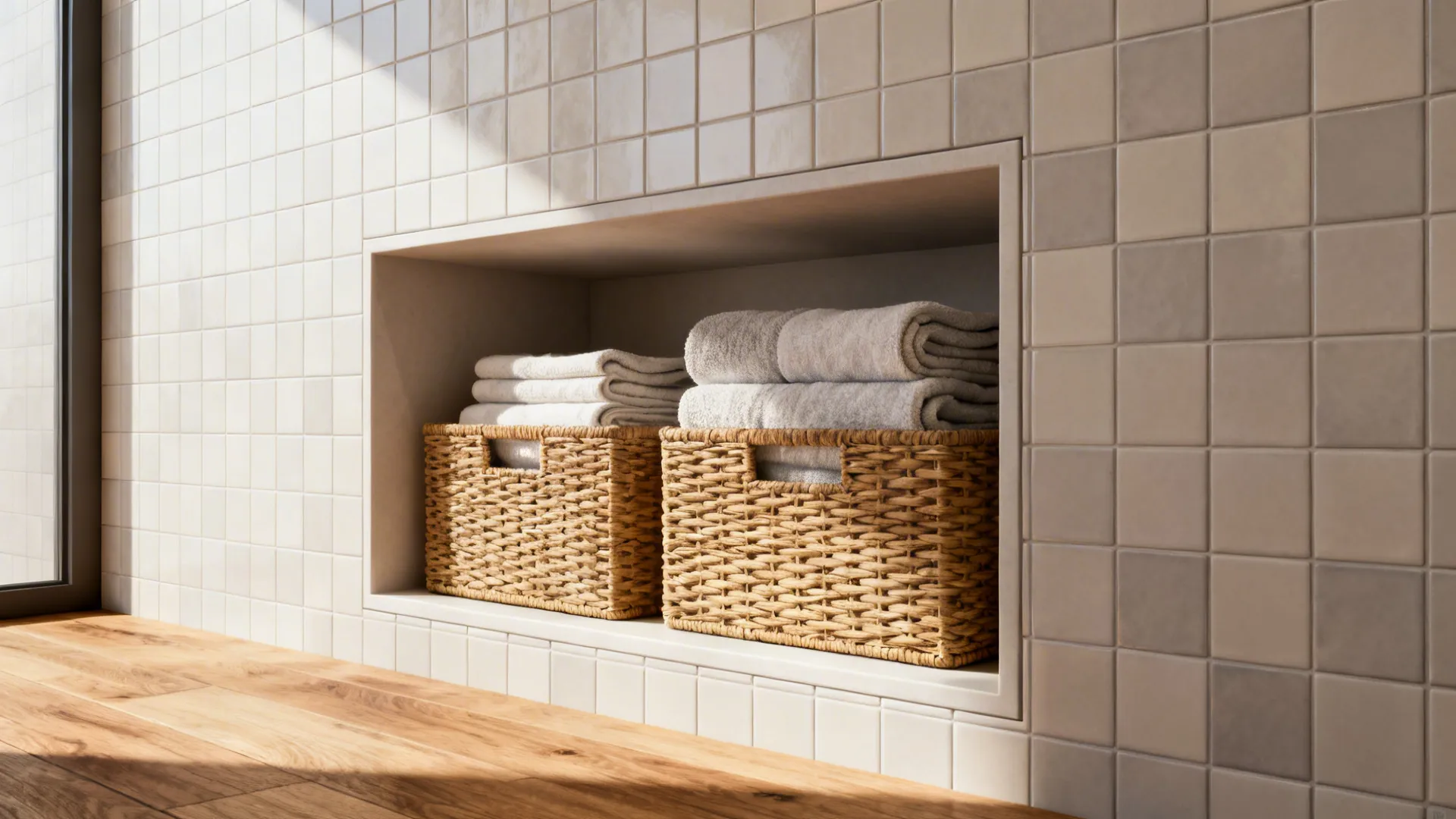 Recessed wall niche with woven baskets storing folded towels