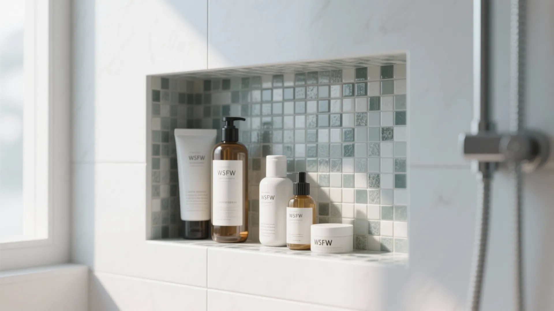 Recessed wall shelf with small green tiles holding various white and brown bathroom soap bottles