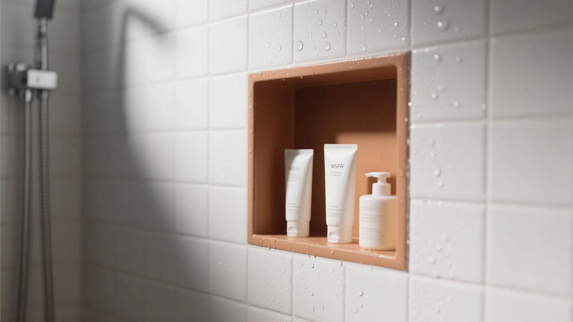 Close-up of a tiled recessed shower niche with toiletries