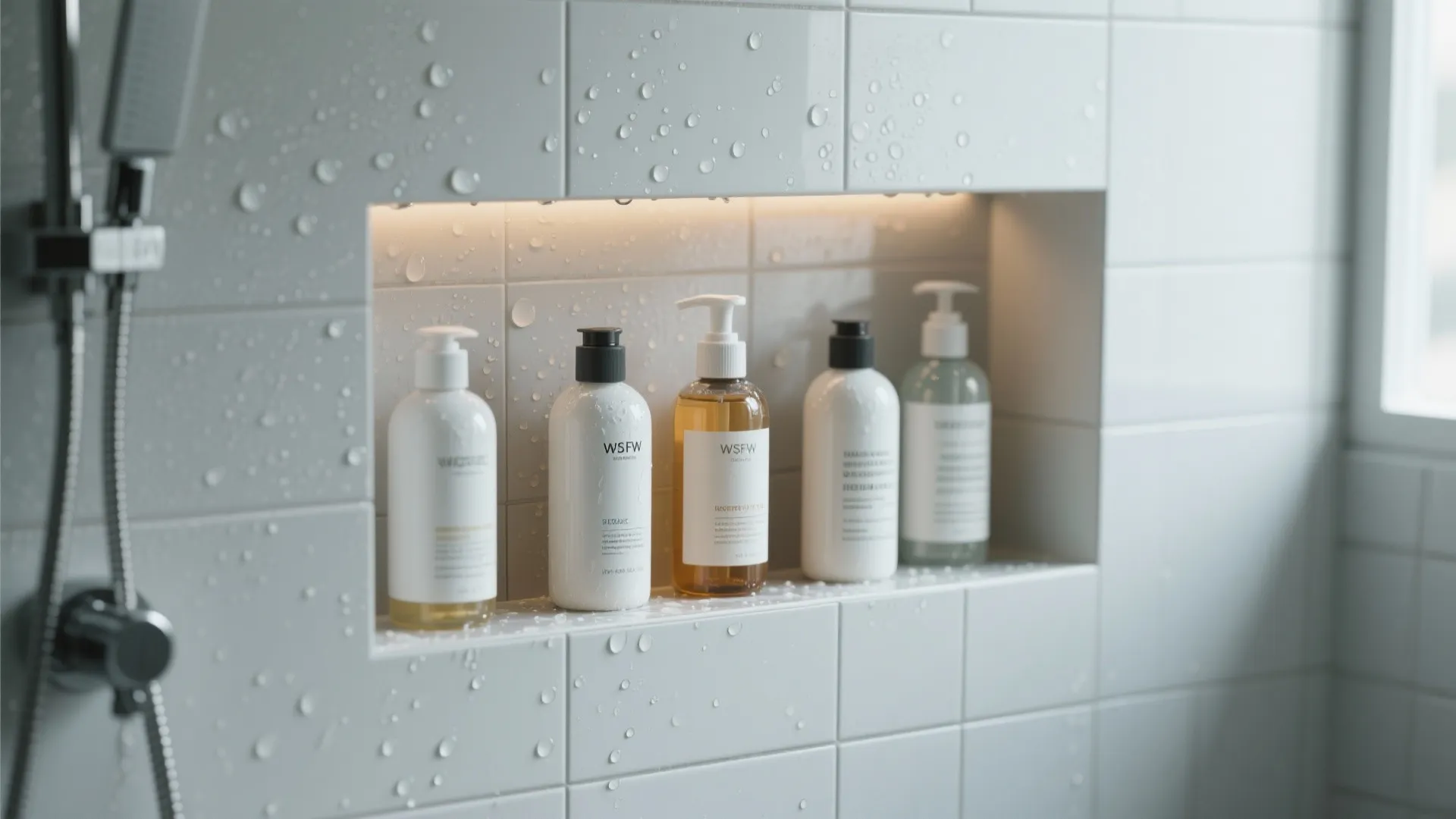 Modern bathroom wall with white tiles and recessed storage shelf holding organic soap shampoo bottles