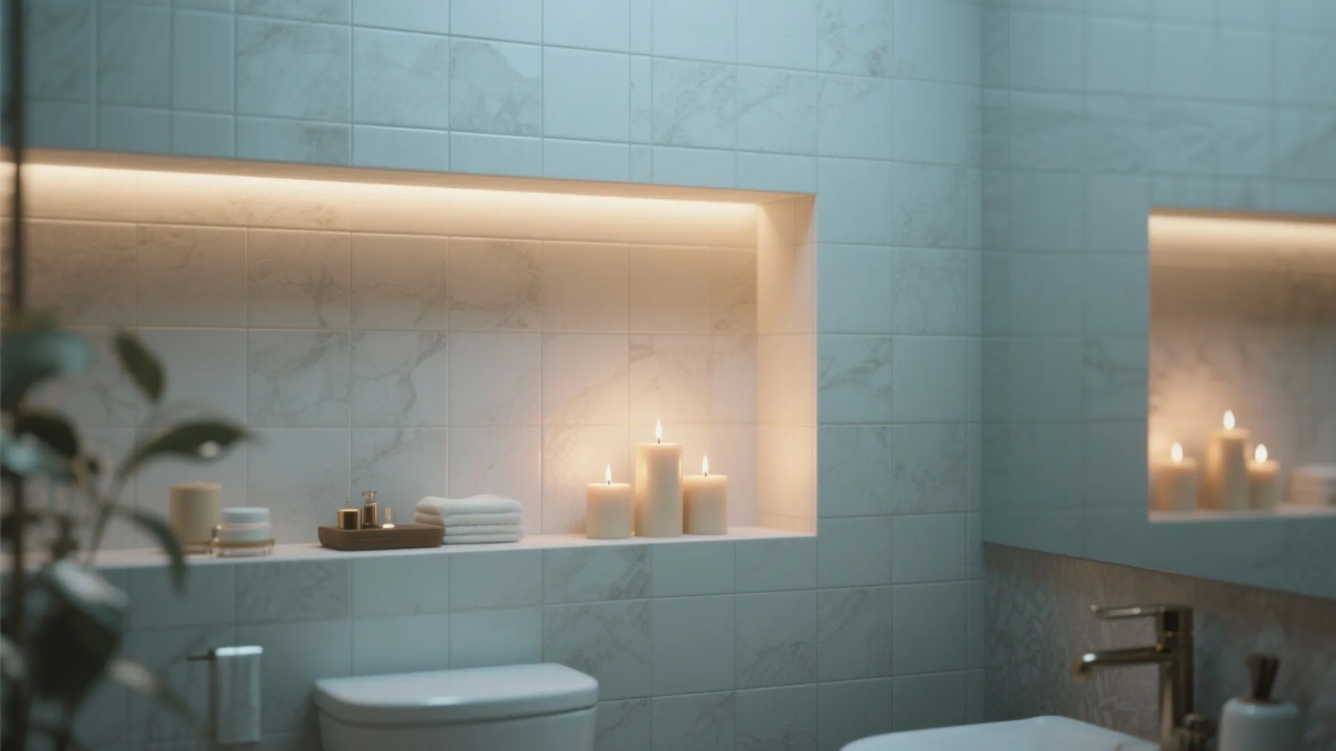 Three lit candles inside a recessed wall shelf in a white tiled bathroom with towels