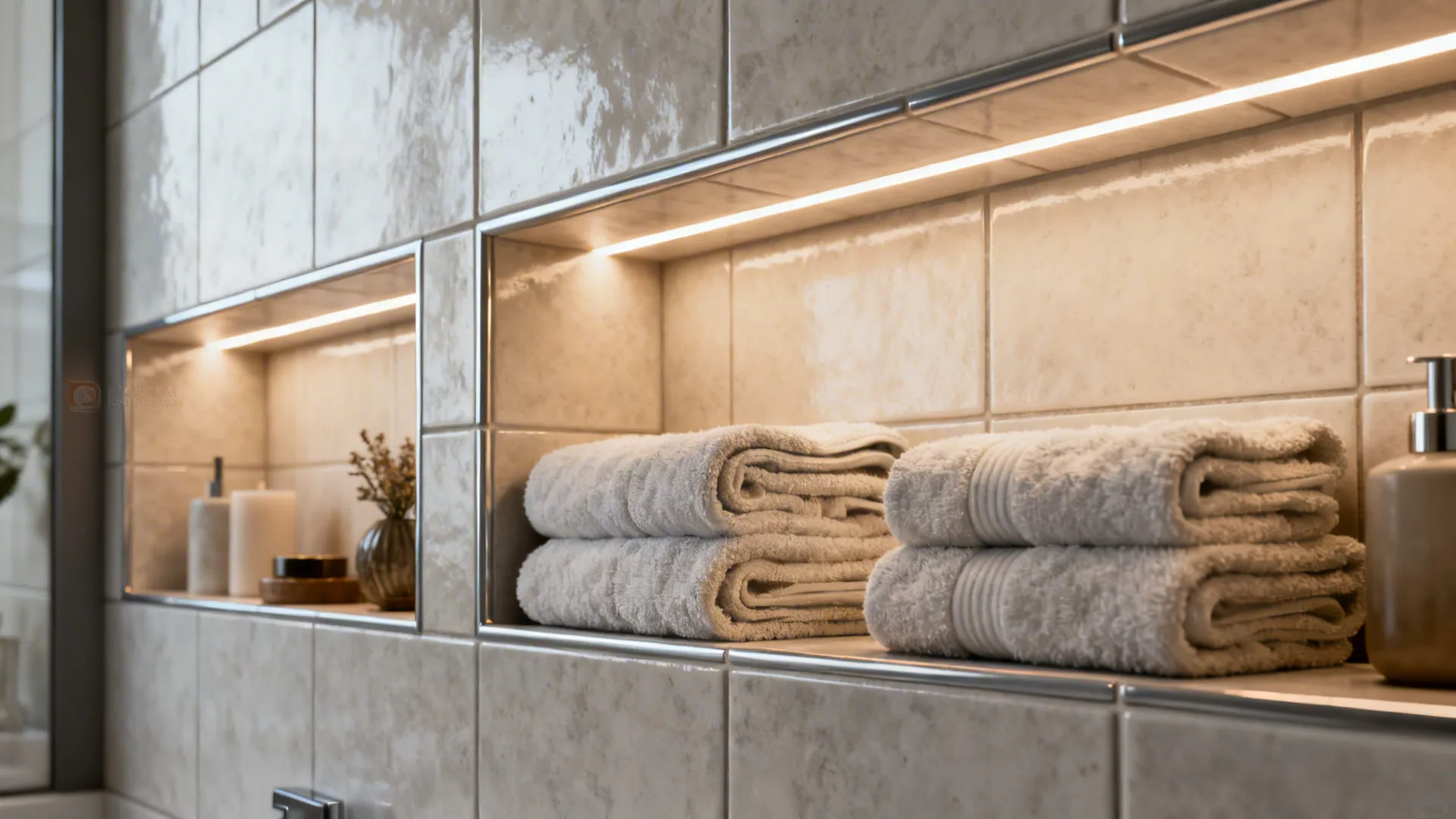 Tiled recessed bathroom niches used as towel cubbies with subtle LED lighting.