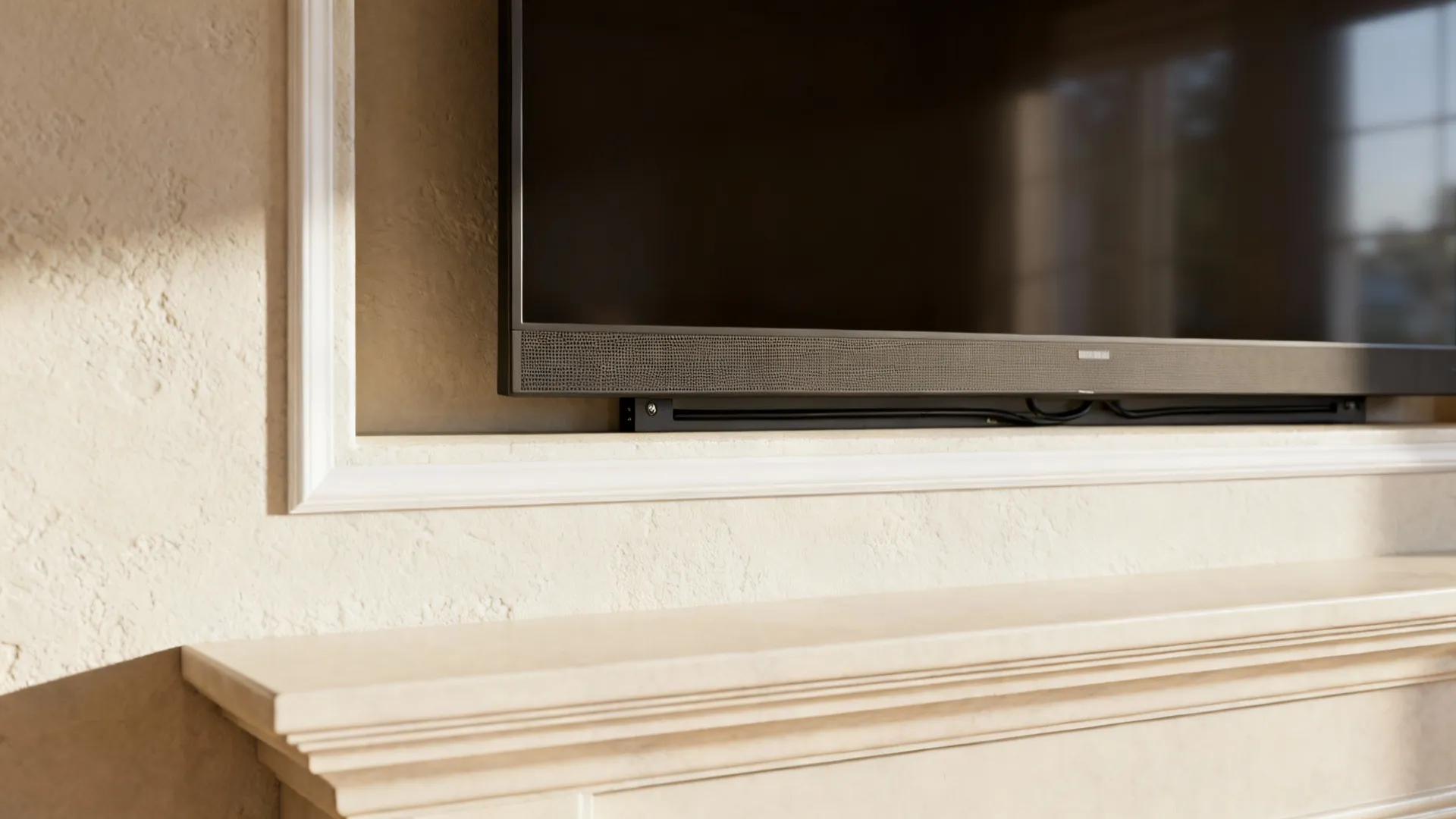 Black TV screen mounted inside a wall with white trim above a light beige mantel